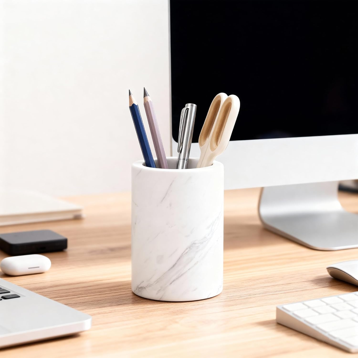 WORHE Natural Marble Pen Holder for Desk, Handcrafted Volakas Sturdy Desk Organizer for Office Supplies Storage Desktop Stationary Makeup Brushes Cup Pencil Holders for Home White (DL002) image number 2