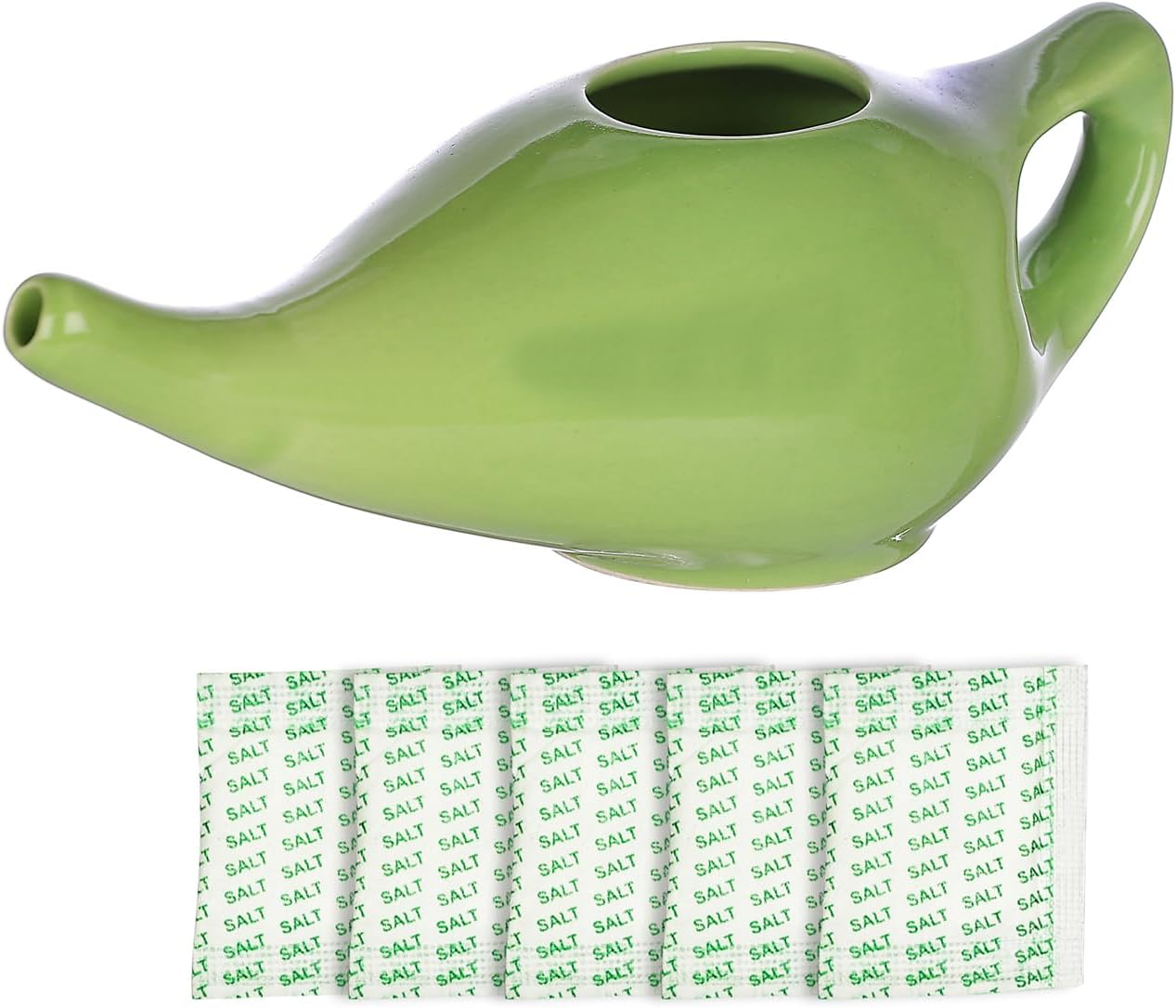 Healthgoodsau - Ceramic Neti Pot for Nasal Cleansing with 5 Sachet Neti Salt - Green Color image number 1