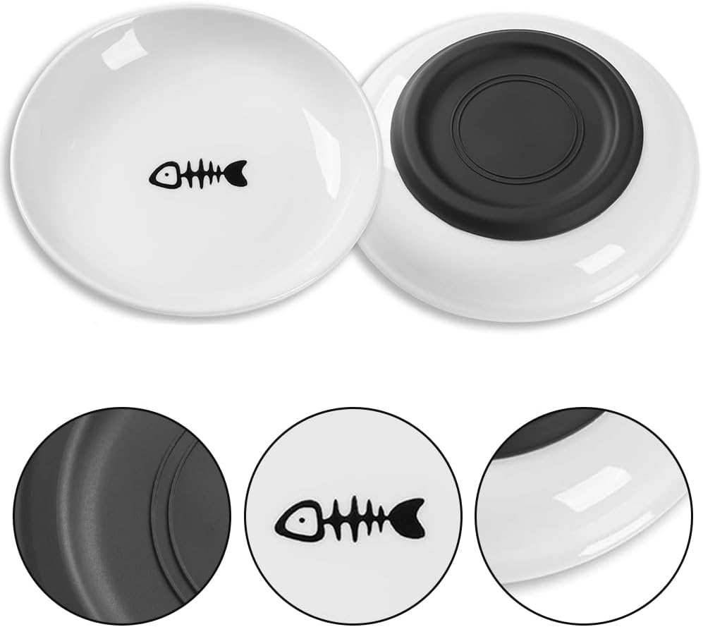 Cat Food Bowls,Fishbone Dish,Ceramic Cat Plate,Cute Fish Bone Design,Cat Dishes with Non Slip Silicone Bottom,Shallow Wide Kitten Plates,For Dry and Wet Food image number 4