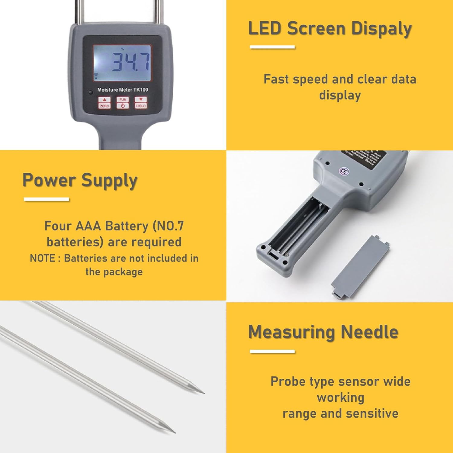 TK100H Portable Hay Moisture Meter, 0-80% Digital LCD Grain Meter, Hay Bale Moisture Tester, Hay Meter Probe Humidity Tester for Cereal, Straw, Bran Froage Grass, Leymus Chinensis, Alfalfa image number 6