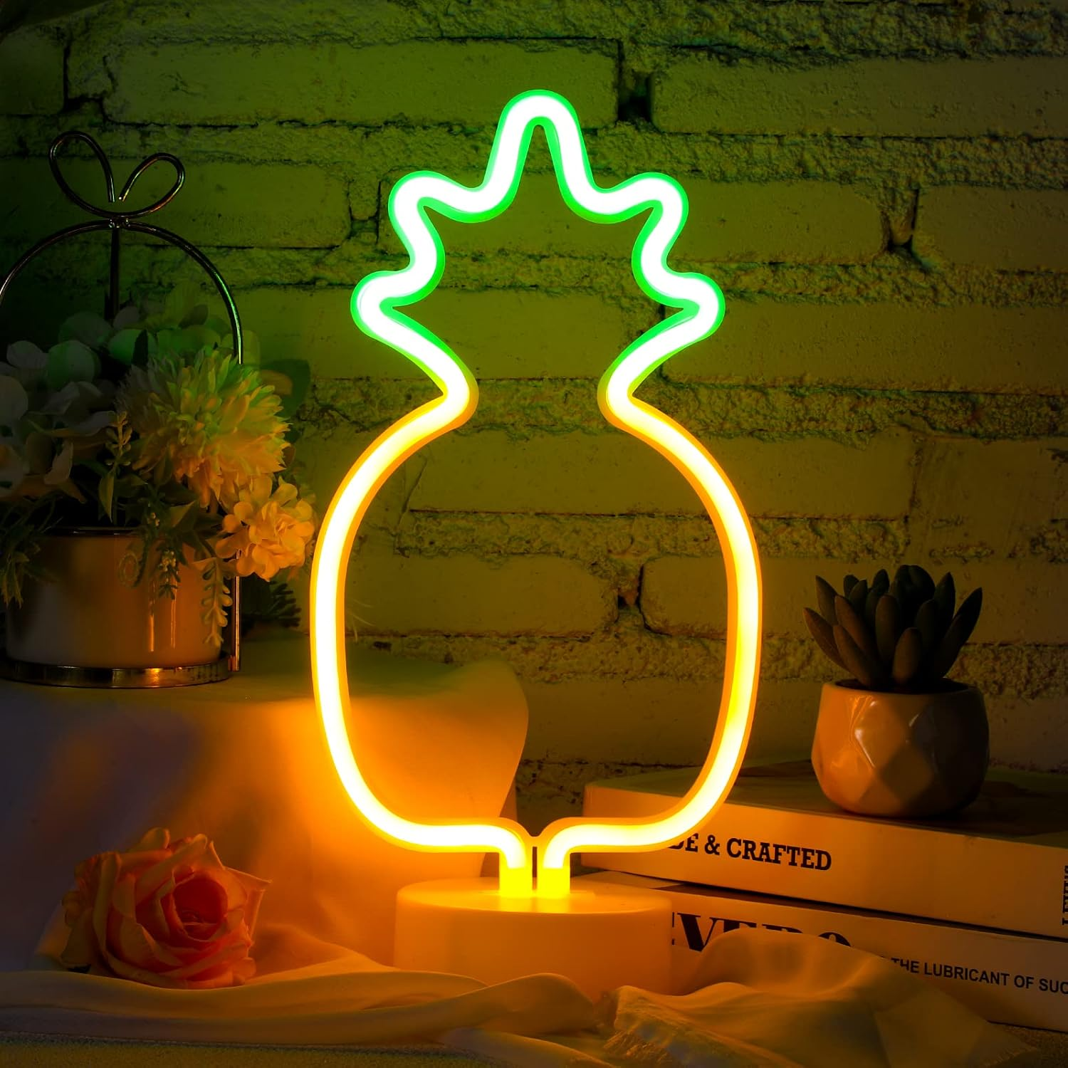 Liliful 3 Pcs Neon Sign Pineapple Neon Lights Sign Pink Flamingo Neon Lights Palm Tree Neon Sign Battery USB Powered Neon Lights Birthday Gifts with Pedestal for Girls Kids Bedroom Hawaiian Party image number 5