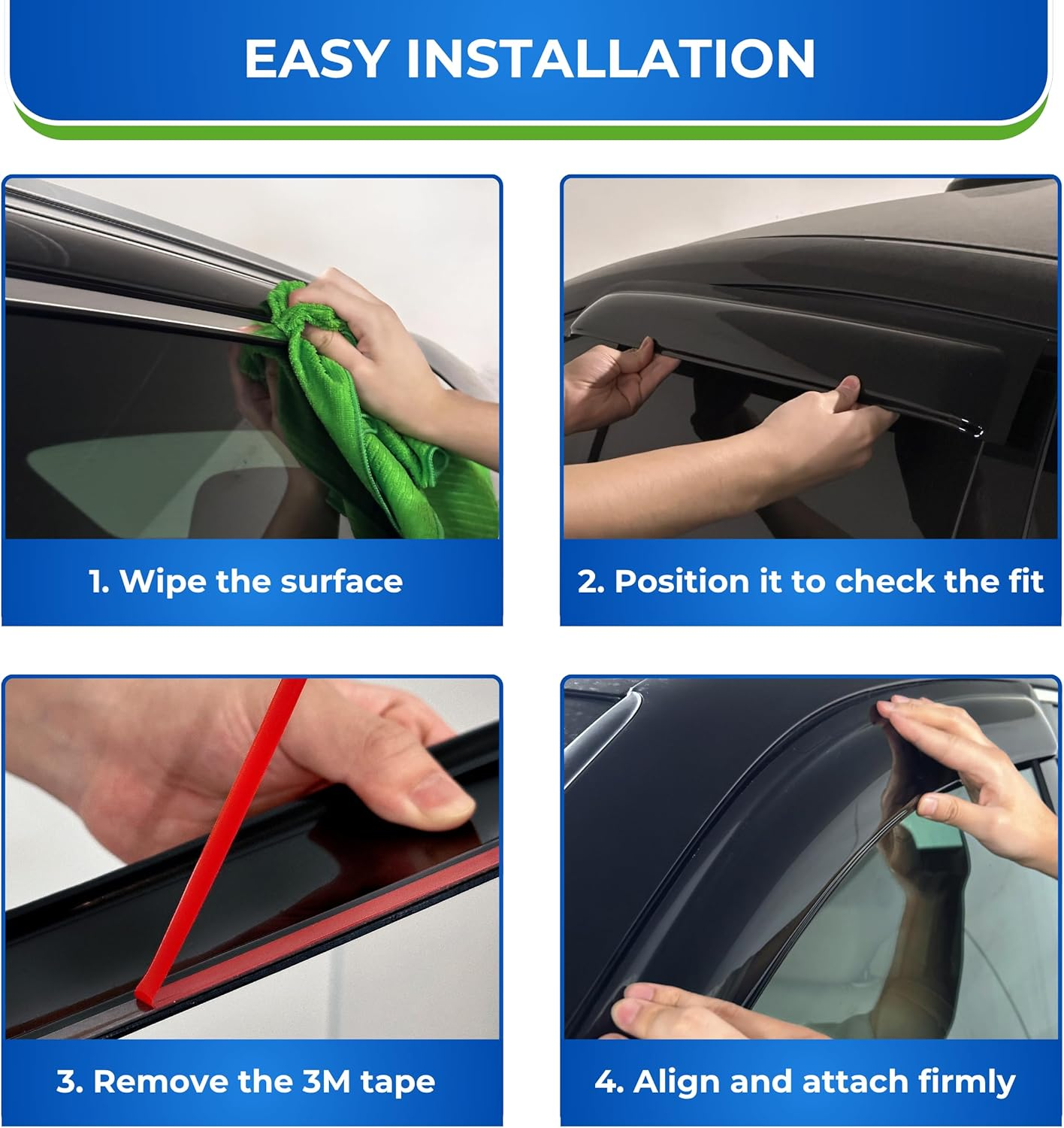 KPY Window Visor Compatible with Toyota Corolla Hatchback 2012-2018, 4PC Rain Guard Side Window Vent Deflectors Tape-On Style, 2012 2013 2014 2015 2016 2017 2018 image number 3