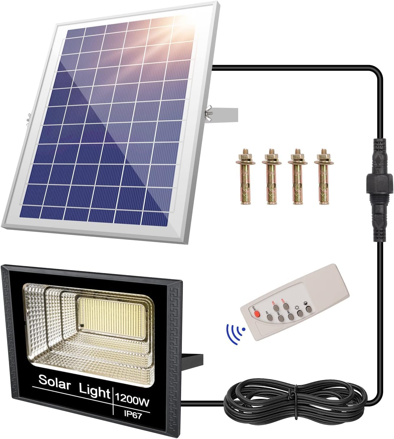 Solar Lights 1200W Outdoor Solar Wall Big Spotlight Garden 10000 High Lumens IP67 with Remote Control 5 Modes Adjustable Brightness from Dusk to Dawn Dimmable 6500K Black image number 2