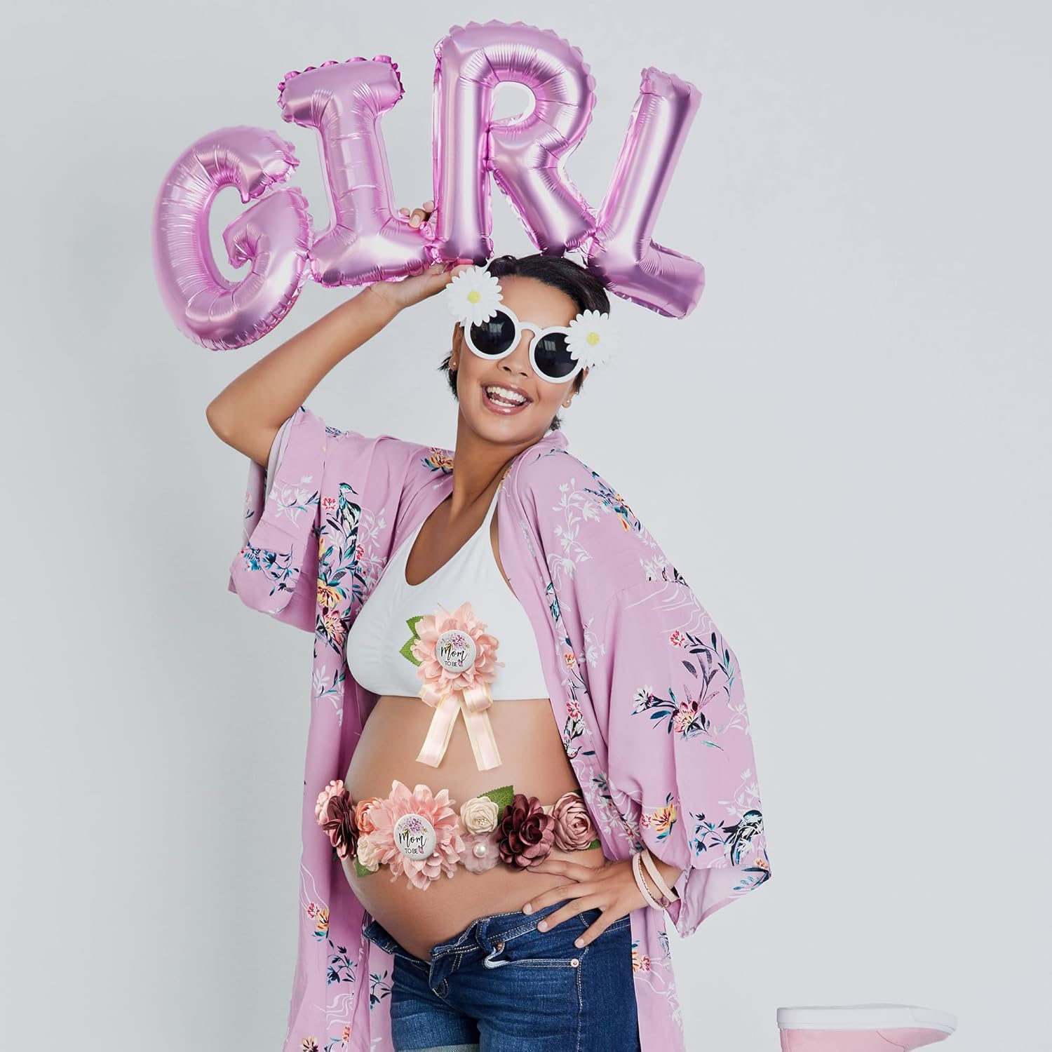 Mom to Be Pink Pregnancy Belly Band Floral Maternity Sash Belt for Baby Shower with Daddy to Be Pin, Gender Reveal Decorations for Mommy, Soft Chiffon Flower Sash Maternity Photography