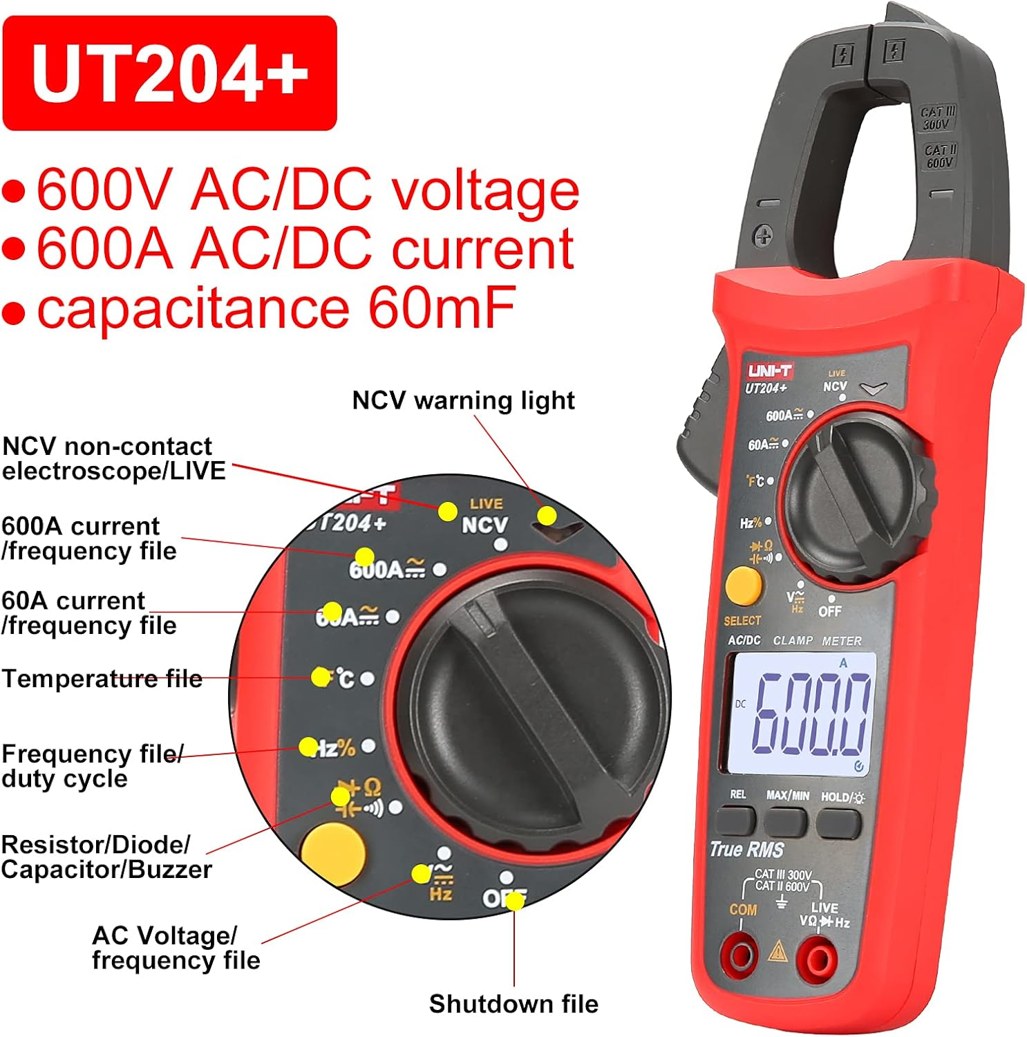 UNI-T UT204+ Digital Clamp Meter Temperature AC DC Current Voltage Resistance Tester Multimeter image number 5