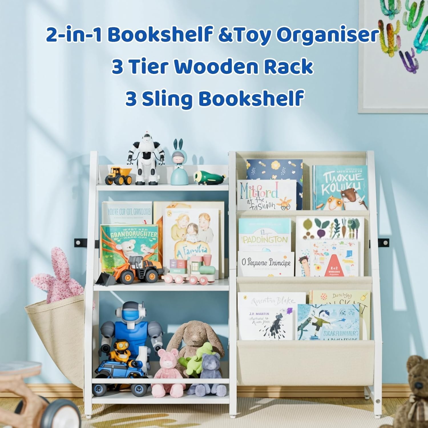 Uandhome Kids Bookshelf and Toy Storage Organizer Montessori Toddler Bookcase Book Sling Shelf for Kids Rooms, Nursery Book Shelves,Bookshelf Storage Shelf Display Includes Extra Side Pockets (S) image number 5