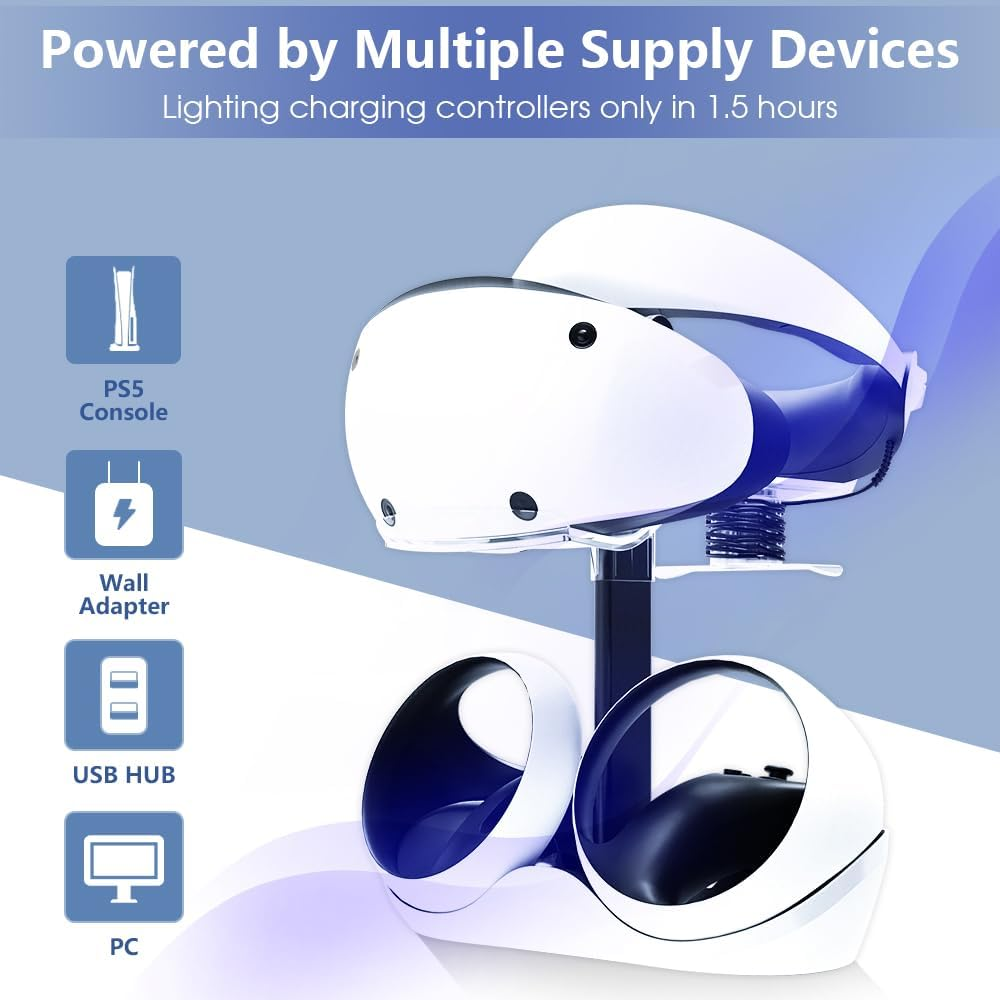 HONCAM Charging Station for PSVR 2, Multifunction PSVR2 Stand with 7 RGB Light, Headset Display Stand, Sense Controllers Charger Dock, Magnetic Connector, Type-C Cable, White image number 2