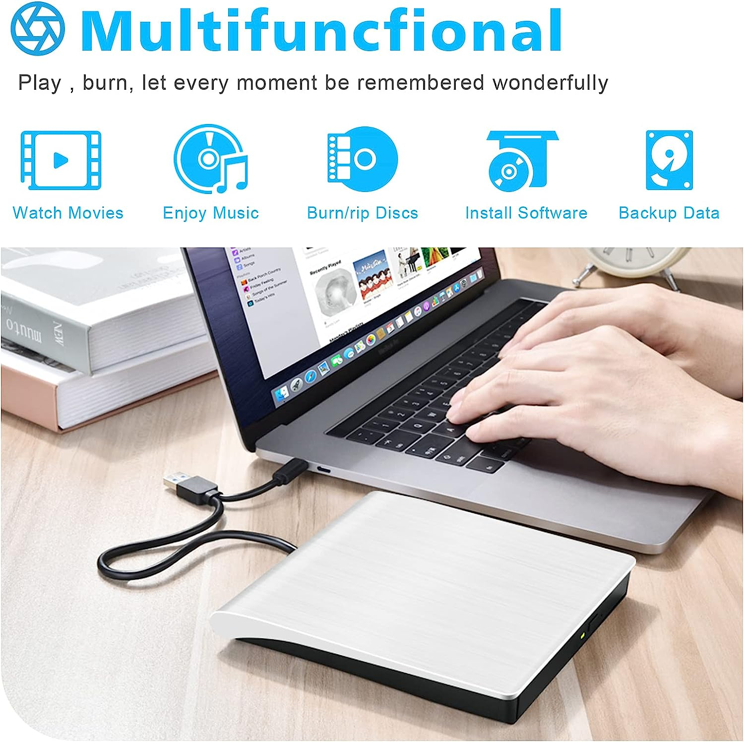 Portable External DVD Drive, USB 3.0 Type-C CD DVD +/-RW Optical Drive USB C Compatible with Windows XP / 2003 / Vista /7/8.1/10，Linux，Mac OS System Rewriter Writer Reader Burn Speed 16 Times(White) image number 2