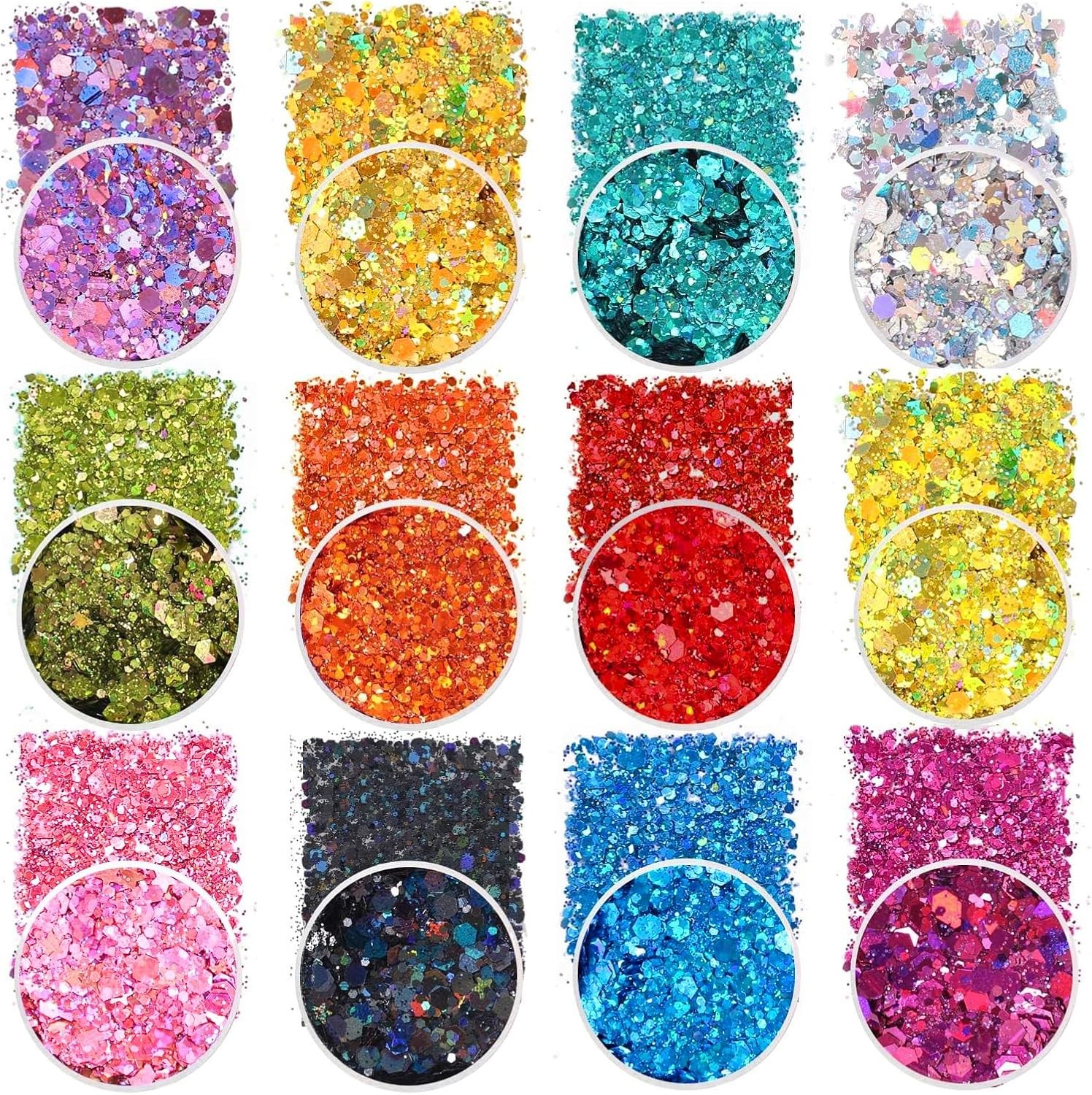 Ovaletta 12 Colours Glitter Powder for Crafts, Face, Nails, Body, Slime, Nails, Birthday Party - 12 Grams (0.066 Kg) - Hexagonal - Assorted Rainbow Colours (Red, Pink, Blue, Green, Gold, Purple)