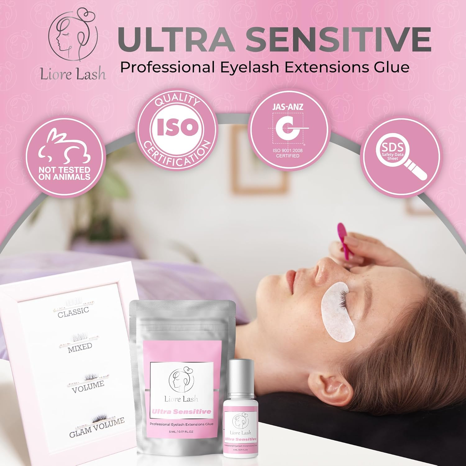 Ultra Sensitive Eyelash Extension Glue Liore Lash/Retention &ndash; 3-4 Weeks/No Burn No Irritation Lash Glue/Black Adhesive/Professional Supplies for Classic/Volume Lashes (0.17Fl.Oz / 5Ml) image number 4