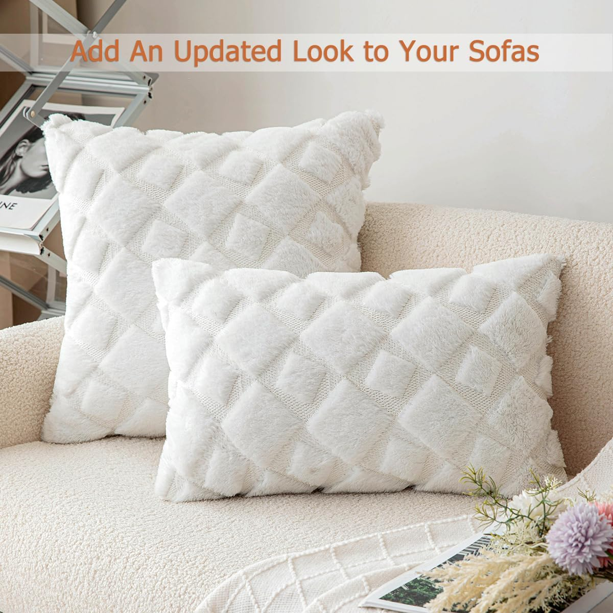 2Pcs Soft Faux Fur Throw Pillow Covers 18X18 - Plush Short Wool Velvet Decorative Pillow Covers - Couch Sofa Pillow Covers for Living Room - with 3D Plaid Pattern (White) - Grey image number 6