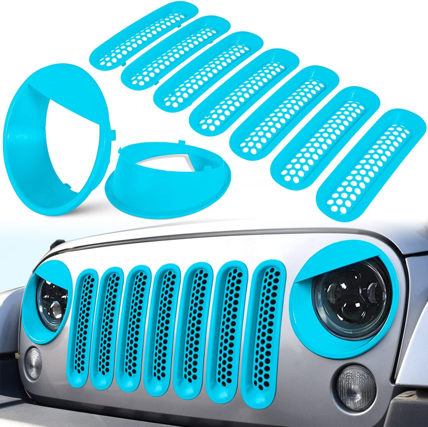 E-Cowlboy Front Grille Mesh Inserts & Headlight Cover for Jeep Wrangler JK JKU 2007~2017【Upgrade Matte Black Clip-On Version】