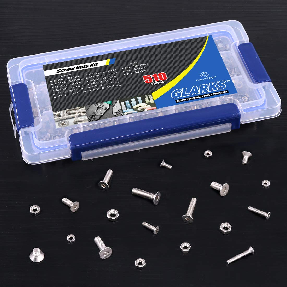 Glarks 510Pcs Metric M3 M4 M5 Stainless Steel Flat Head Cap Bolts Screws Nuts Assortment Kit image number 2