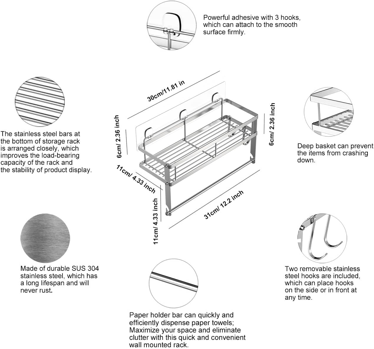 ESOW Paper Towel Holder with Shelf Storage, Adhesive Wall Mount 2-In-1 Basket Organizer for Kitchen & Bathroom, Durable Metal Wire Design, Stainless Steel 304 Brushed Nickel Finish - Brushed Nickel Finish image number 2