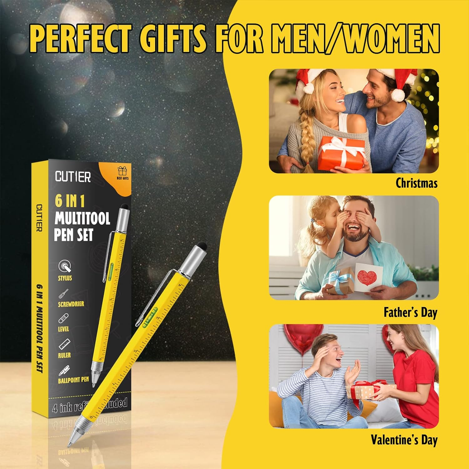 Cool Pen Gifts for Men, Cutier 6-In-1 Multi Tool Tech Pen Gadgets Tools for Men, Personalized or Him, Funny Christmas, Father'S Day Valentines or Birthdays Gifts (Yellow) - Black image number 2