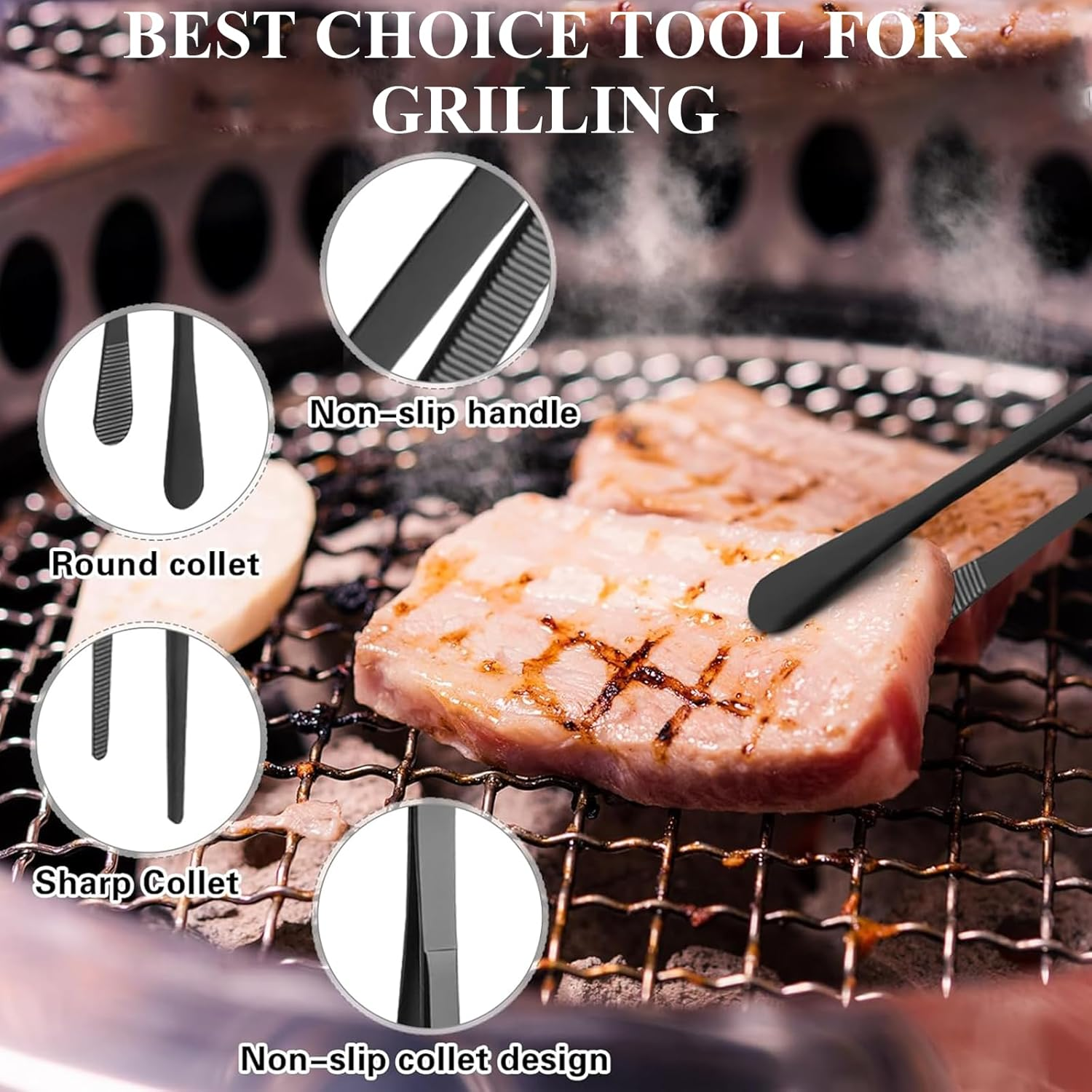 Rhoyee 4 PCS Black Stainless Steel Kitchen Tweezers Tongs Set &ndash; 10"& 12" Precision Cooking Tweezers with Serrated & Rounded Tips&ndash;Long Tweezer Tongs for BBQ, Food Plating, Seafood, Bartending & Repairs