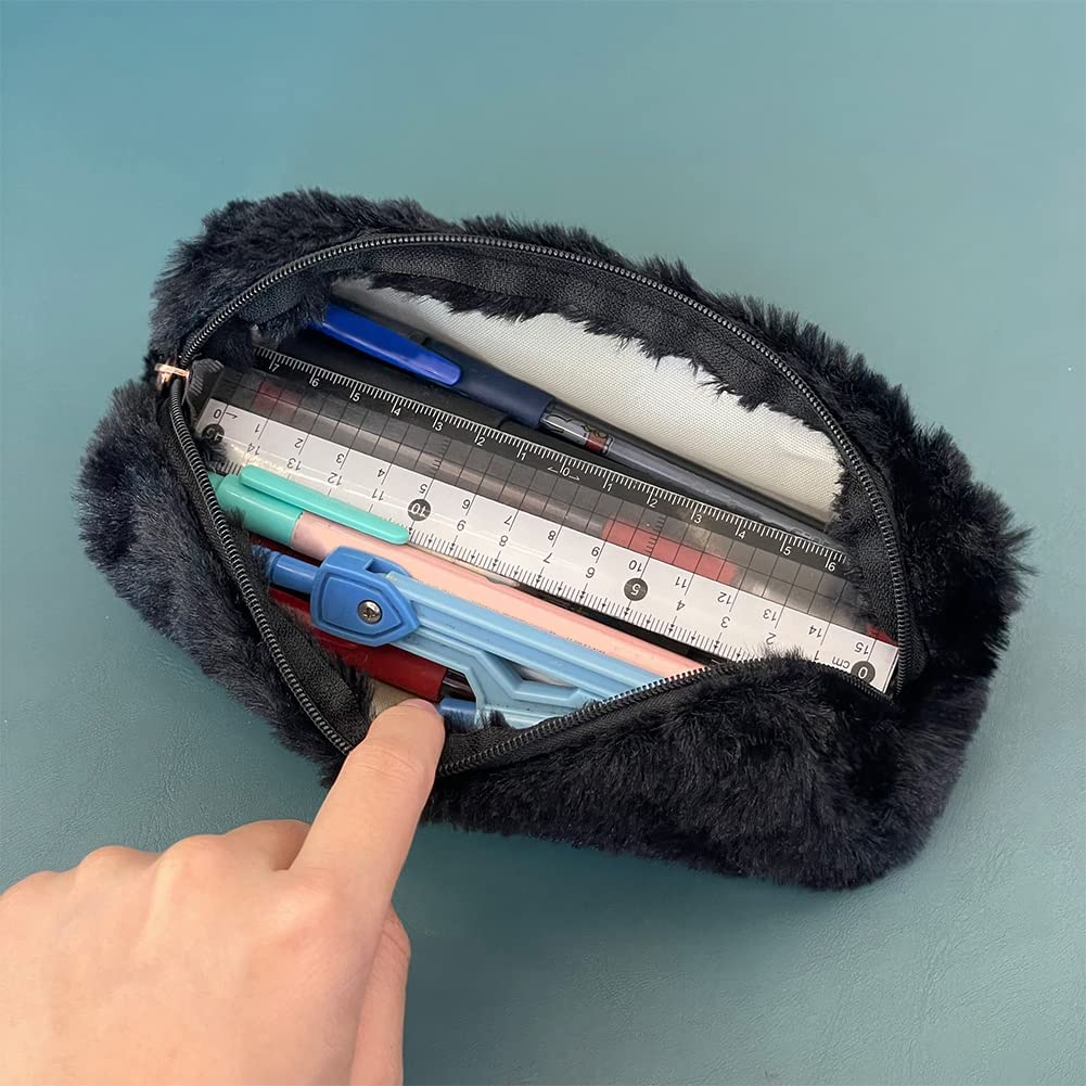 Pencil Cases - Pen Bag Girl Cute Plush Octagonal Pencil Case Makeup Pouch Holder Super Soft Fluffy Faux Fur Barrel Kids Students Stationery Cover Storage Bag for School Office or Home (Black) image number 3