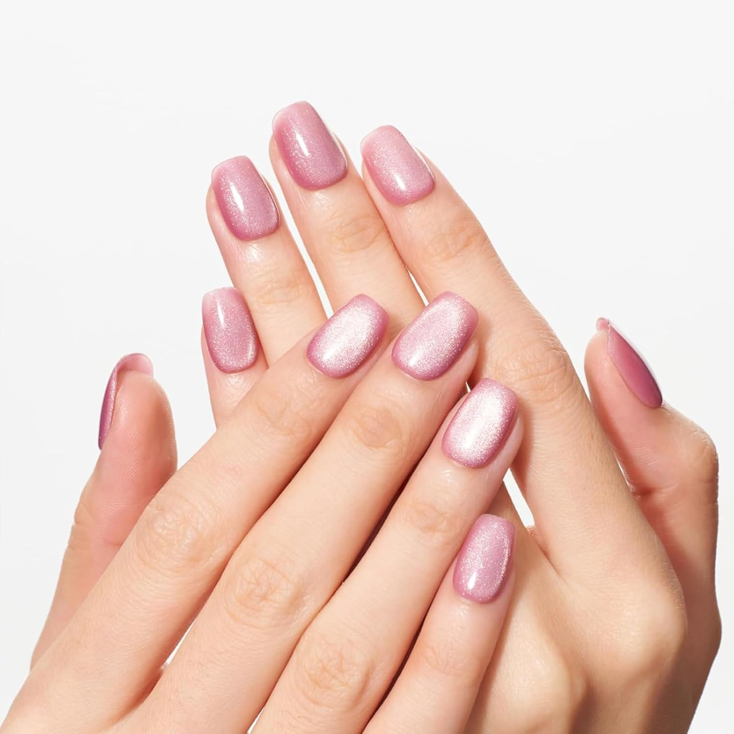 Qioon 24 Pcs Cat Eye Press on Nails, Pink Glitter French False Nails with Adhesive Tabs, Short Square Stick on Fake Fingernails for Women and Girls, Easy Nail Art Design image number 4