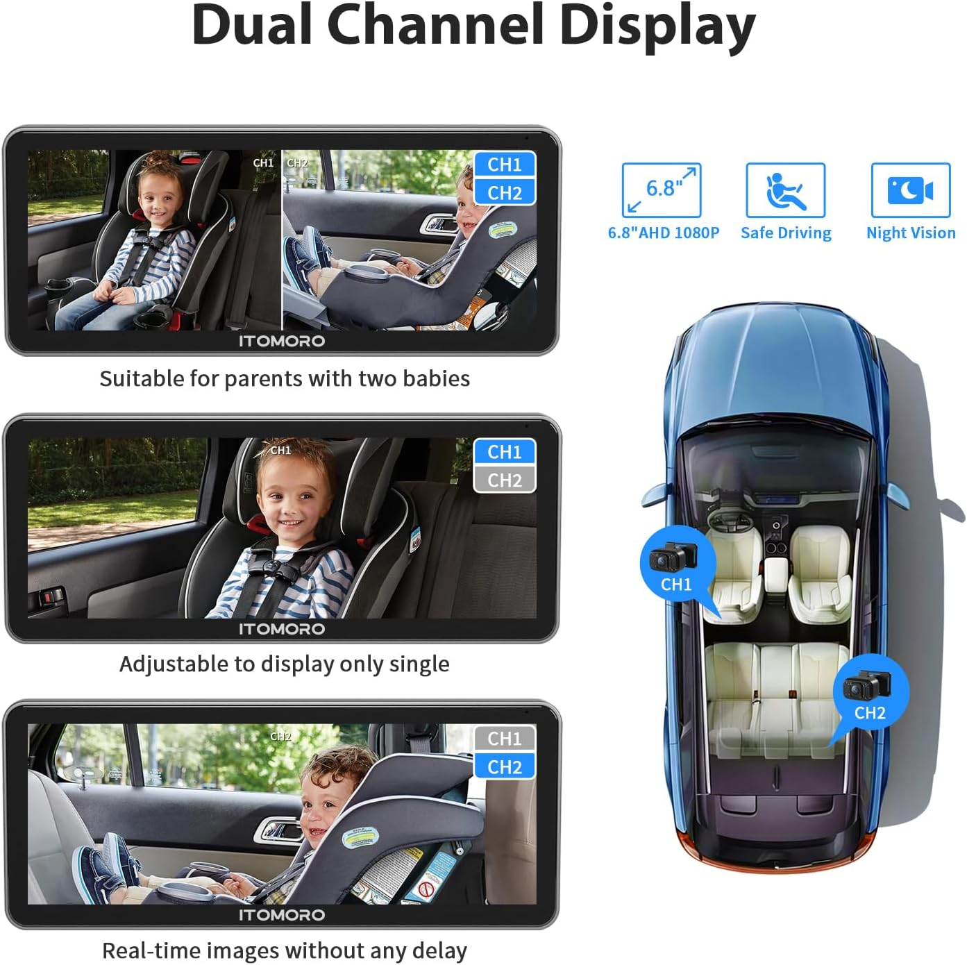 Itomoro Baby Car Camera Dual-Channel 6.8 Inch HD 1080P Display with 2 IR Night Vision, Baby Car Mirror Easily Install Car Camera for Baby with Crystal Clear Wide View for Rear Facing Seat image number 3