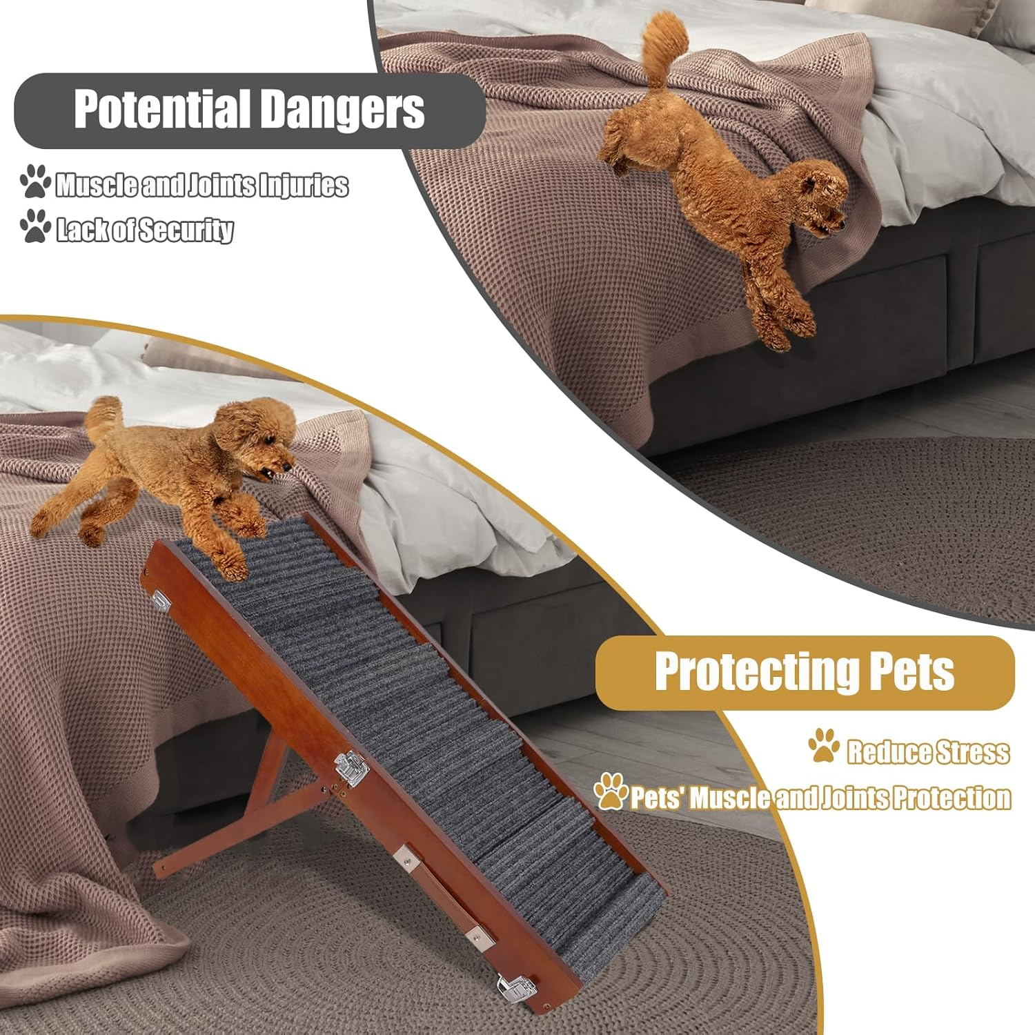 Brown Wooden Framed Folding Portable Pet Ramp. 4 Levels Adjustable 9" to 17.3" with Non-Slip 5 Paw Traction Mat for Small Medium Doggie. Dog Ramps-80Penbn,Uk image number 3