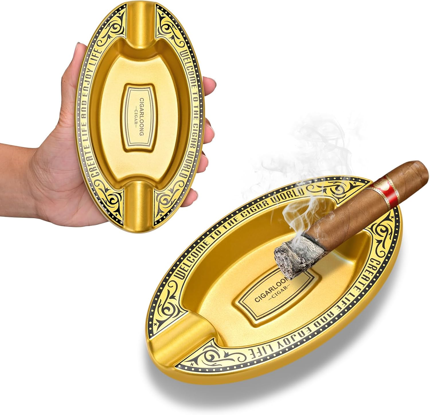 Outdoor Cigar Ashtray, Resin Ashtray, Portable Oval Cigar Ashtray with 2 Slot for Home, Patio, Travel Use(Black)