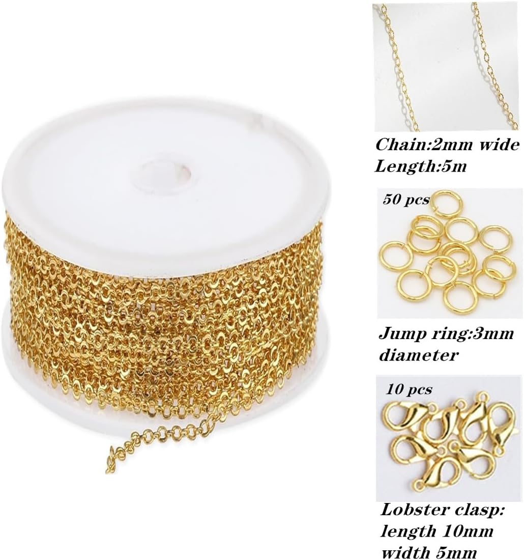 16.4Feet/Roll Metal Necklace Chain Roll, with 10 Lobster Clasps 50 Jump Rings,For Jewelry Bracelet Necklace Pendant Making(Golden) image number 2