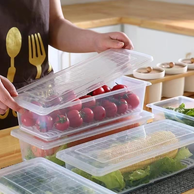 3Pcs Large Size Plastic Food Storage Containers Stackable Fridge Organiser Bins with Lids & Removable Drain Basket for Fruit & Vegetable Storage or Wash, Kitchen Storage & Organisation（Large） image number 4