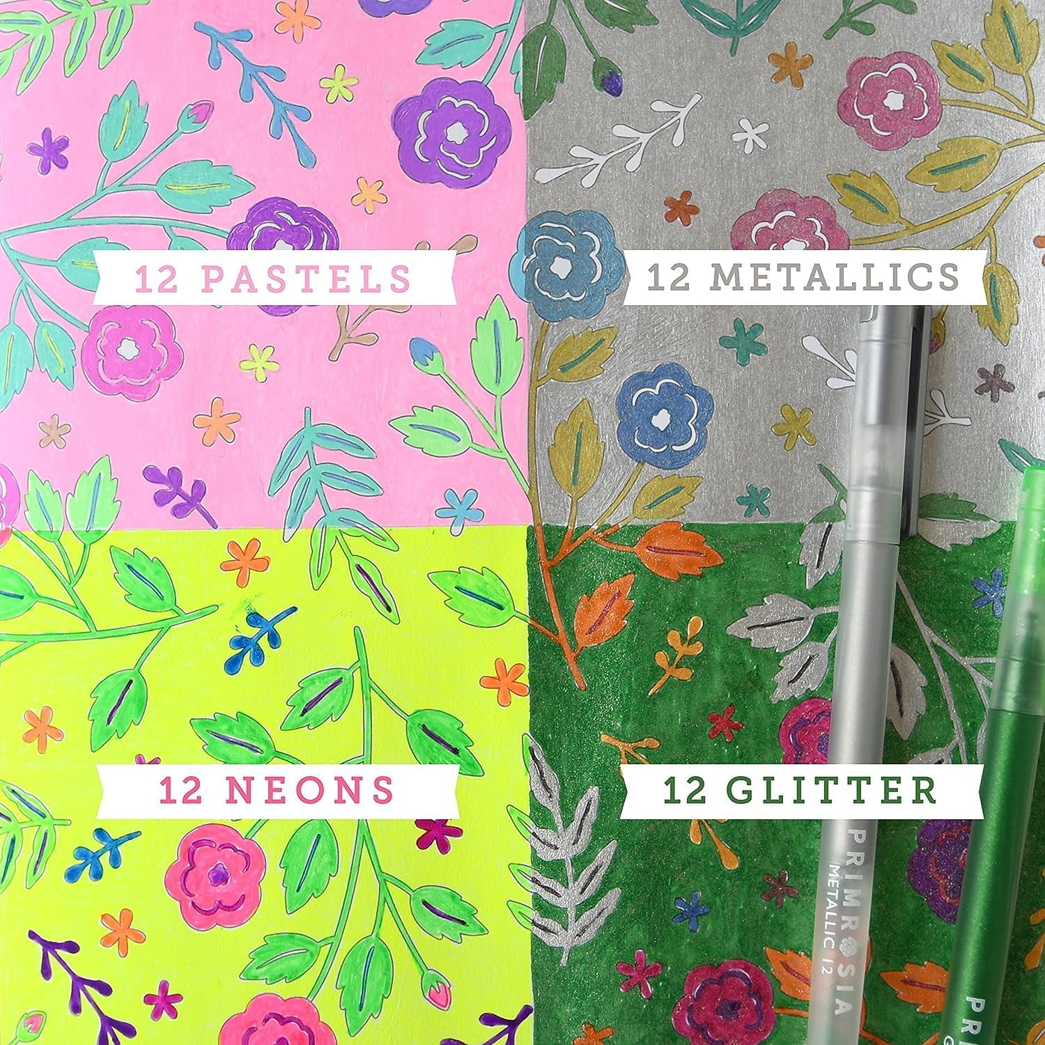 Primrosia 48 Glitter Gel Pens, Inc. Metallic, Pastel & Flourescent for Adult Coloring Book & Bullet Journal Pens. No-Bleed-Through in a Variety of Shades, 7.5X More Ink Fine Point Markers Set image number 3