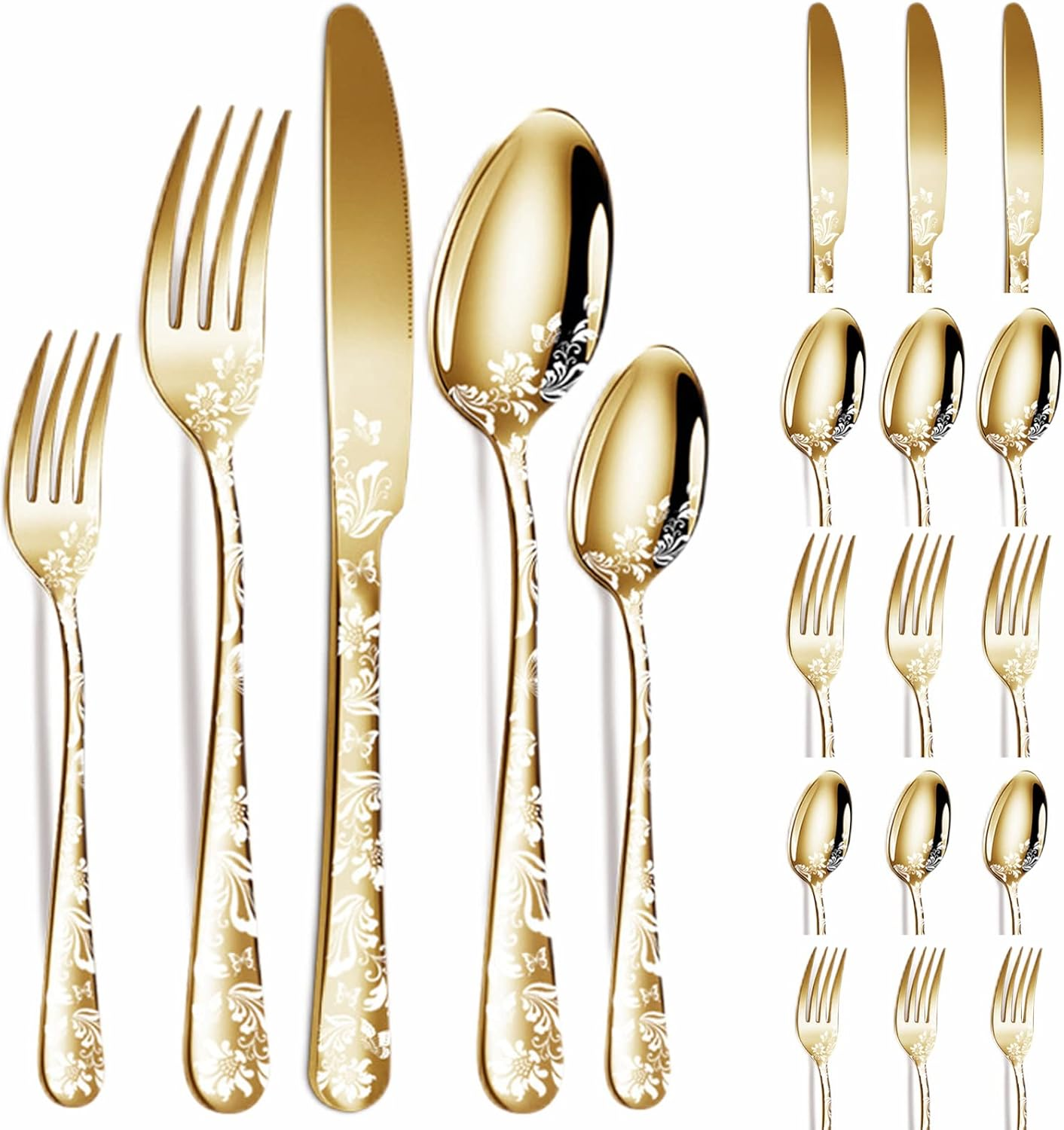 Vilihkc 20 Piece Unique Pattern Design Silverware Set, Stainless Steel Flatware Set Service for 4, Gold Cutlery Set, Mirror Polished Utensil Set for Kitchen, Dishwasher Safe