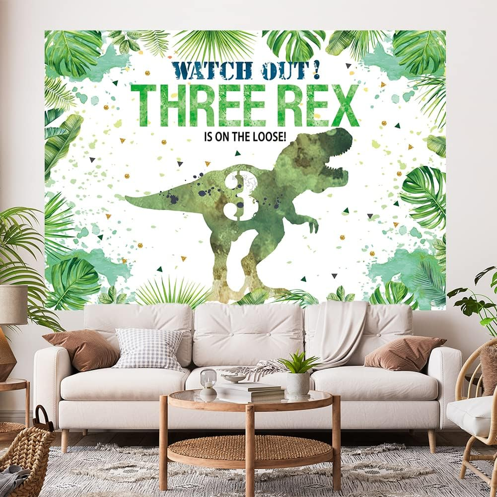 Hilioens 7&times;5Ft Three-Rex Birthday Backdrop for Boys Dinosaur 3Rd Birthday Green Leaf Background 3 Years Old Dinosaur Theme Party Banner Decorations image number 5