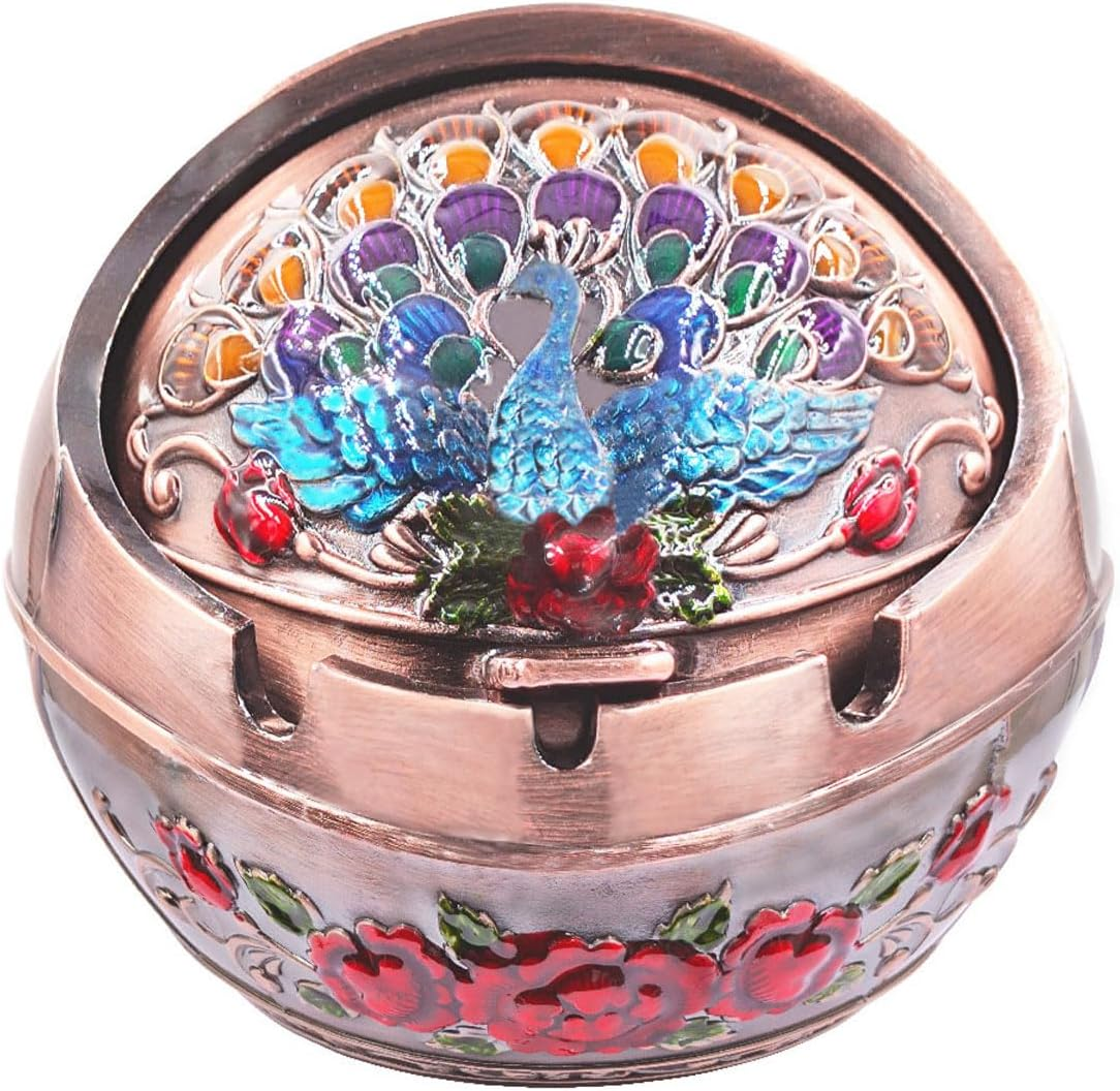 Hourwof Smokeless Ashtray with Lid - Peacock Windproof for Outdoor Patio Balcony, Metal Cigarettes for Home Office Tabletop Decor - Birthday Housewarming Gift, Bronze