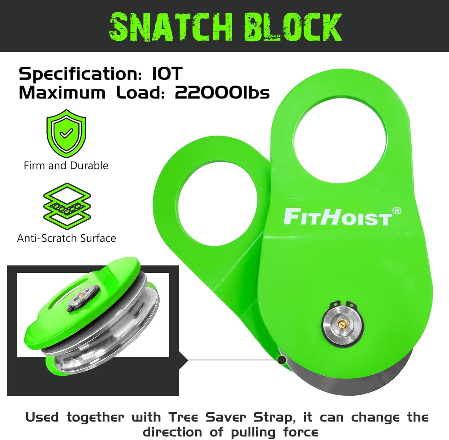 FITHOIST Offroad Recovery Kit, Snatch Block Pulley 10 Ton and Tree Saver Strap 3" X8' and 2Pc Soft Shackle 1/2"X22", Winch Accessories for Car Truck SUV ATV image number 3