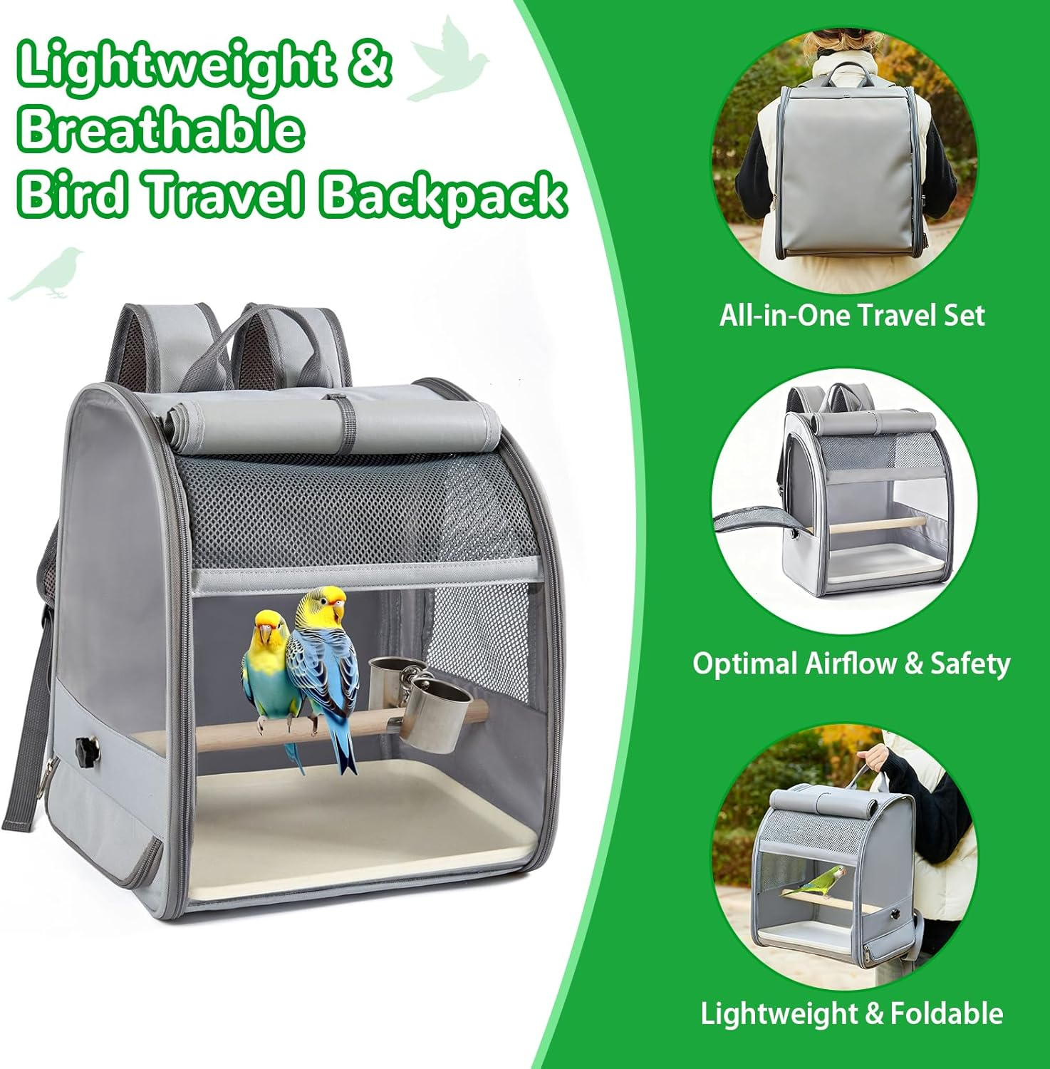 Bird Carrier Backpack, Transport Container for Birds with Feeder & Faeces Receiver, Bird Travel Cage Portable Pet Cage Made of Breathable Mesh for Small Parakeets Budgies image number 2