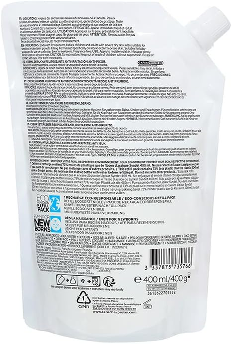 La Roche-Posay Body Wash Cream Lipid Replenishing 400Ml, Eco Refill Pouch, Lipikar Syndet AP+, for Shower or Bath, Suits Adults, Children, Babies, Newborns image number 2
