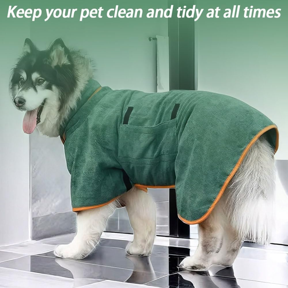 Dog Drying Coat, Microfiber Dog Towel Robe with Super Absorbent Material & Fast Drying Design, Adjustable Collar & Belly Strap for Dogs and Cats for Bath Time, Swimming & Rainy Days (Green) image number 4