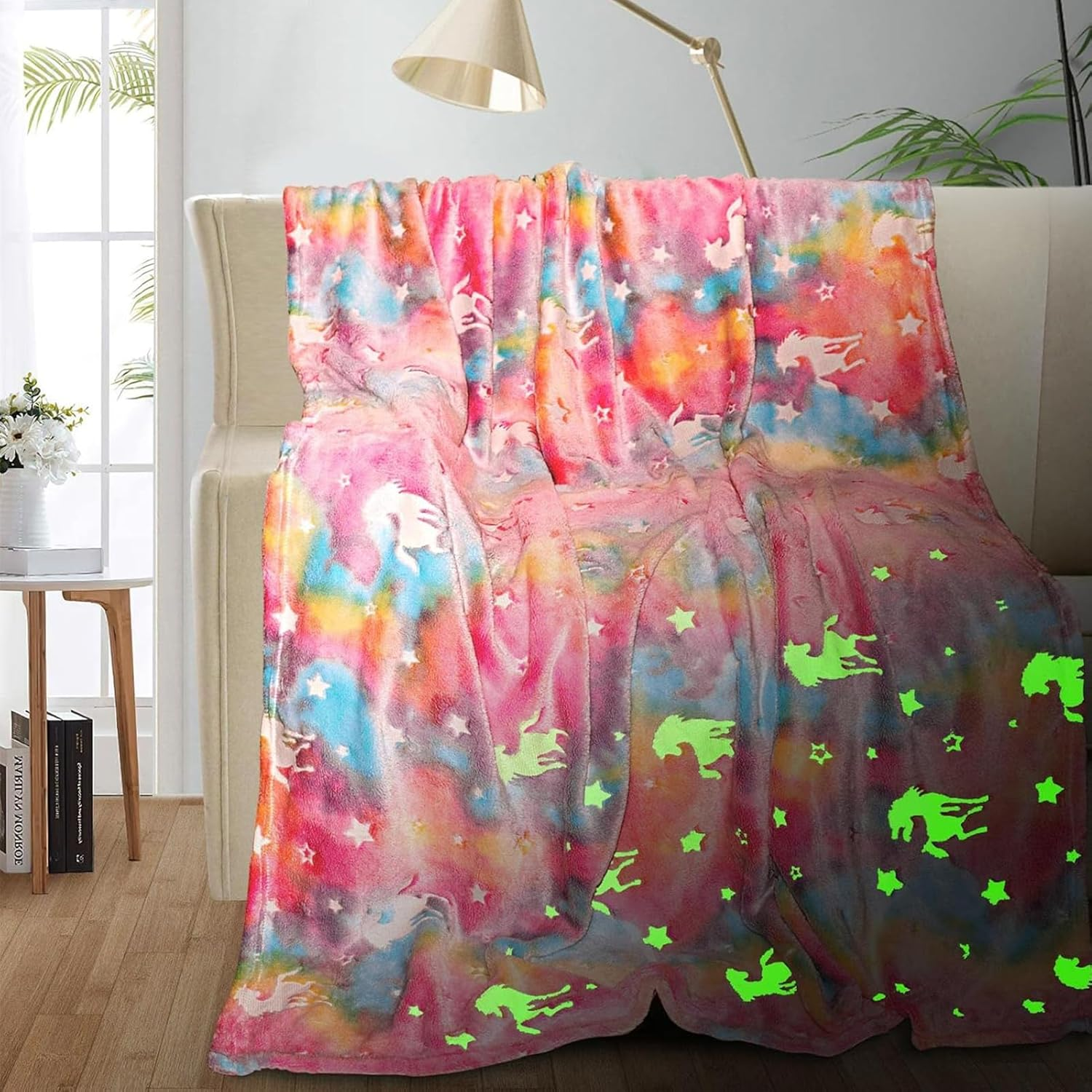 Unicorn Glow in the Dark Blanket, Flannel Cozy Glowing Blanket Throw Blanket for Couch, Personalized Blanket Soft Blanket Fluffy Rainbow Blanket for Girls Children Toddlers Travel Car, 40"X60"(Pink) image number 5