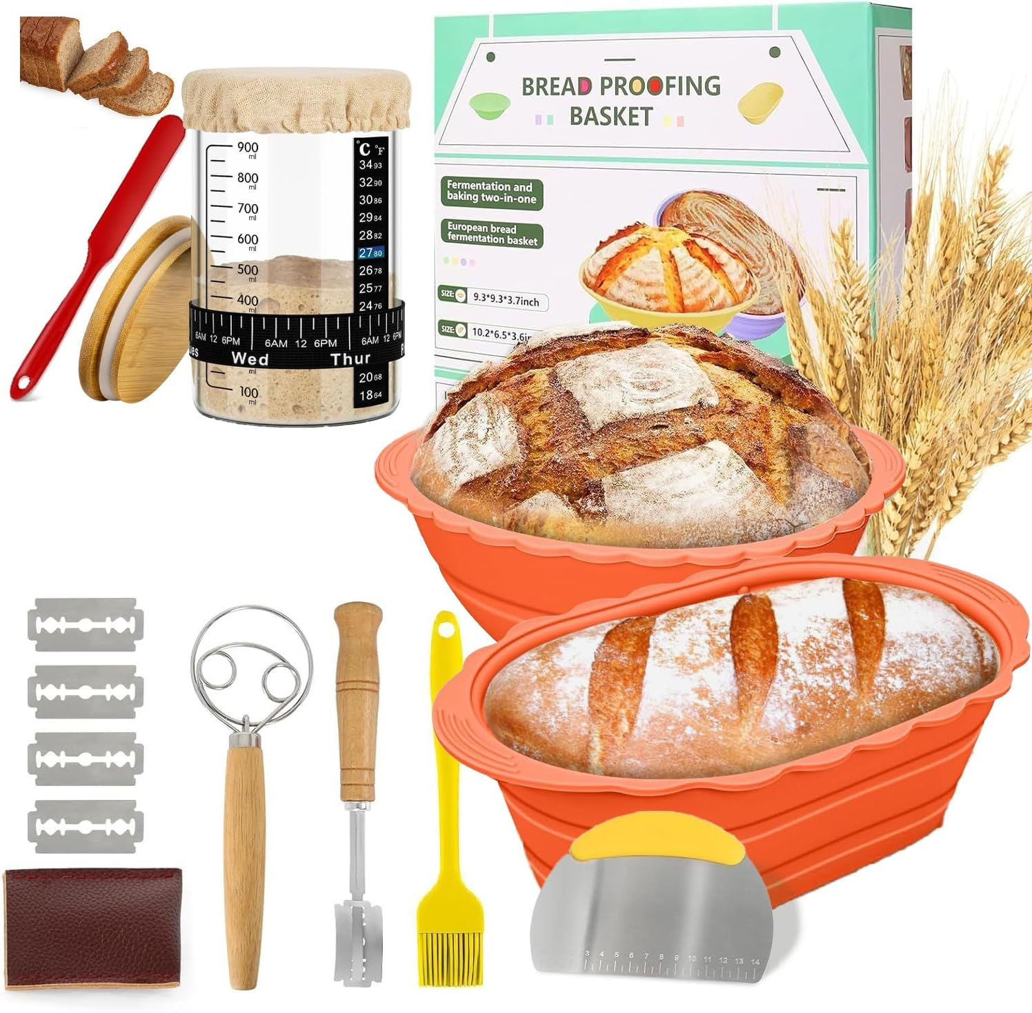 Complete Sourdough Bread Baking Supplies, Sourdough Starter Kit, 35Oz Sourdough Starter Jar, 2 Bread Proofing Baskets, Thermometer, Feeding Time Tracker, Metal Scraper, Easy to Clean image number 1