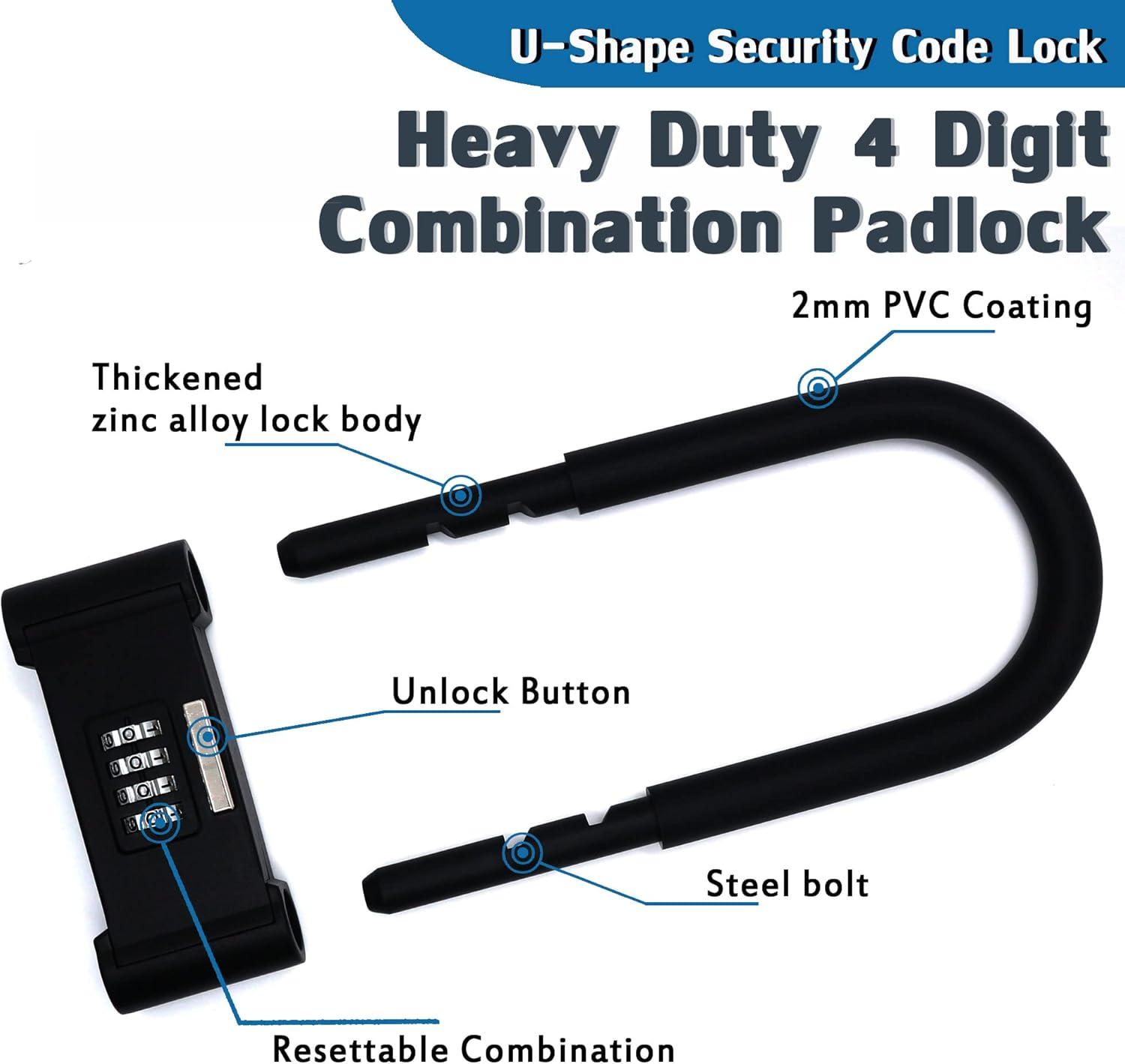 4 Digit Combination Padlock, Heavy Duty anti Theft U-Shape Security Code Lock with Adjustable Shackle,For Bicycles,E-Bike,Mountain Bike,Gates,Shed,Fence [Adjustable Range 120-140Mm] - X-Large(12.0*4.52") image number 6