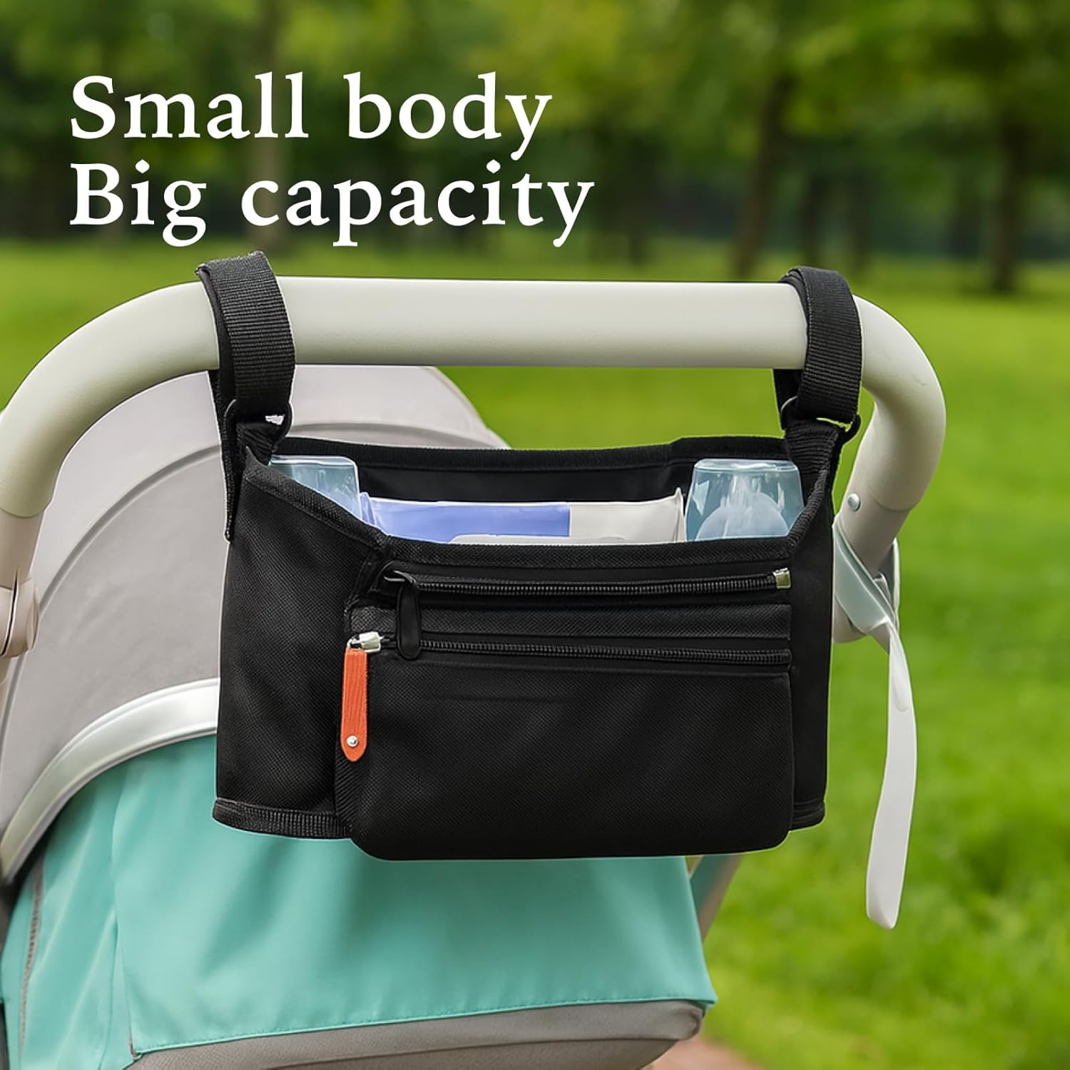 Universal Stroller Organizer Pram Caddy with Detachable Pockets, Waterproof Fabric, Machine Washable for Easy Cleaning, Fits Most Strollers and Joggers, Stylish Black Color for Everyday Use