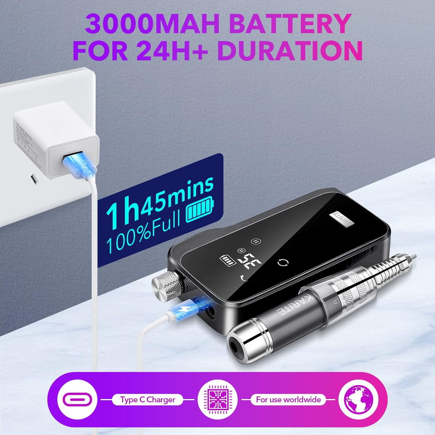 Karite Nail Drill for Acrylic Nails Professional, 35000RPM Portable File, Electric Machine 24H Working Time, Coreless Motor and 12 Bits, Art Manicure Pedicure, Low Noise, Bright Black image number 2