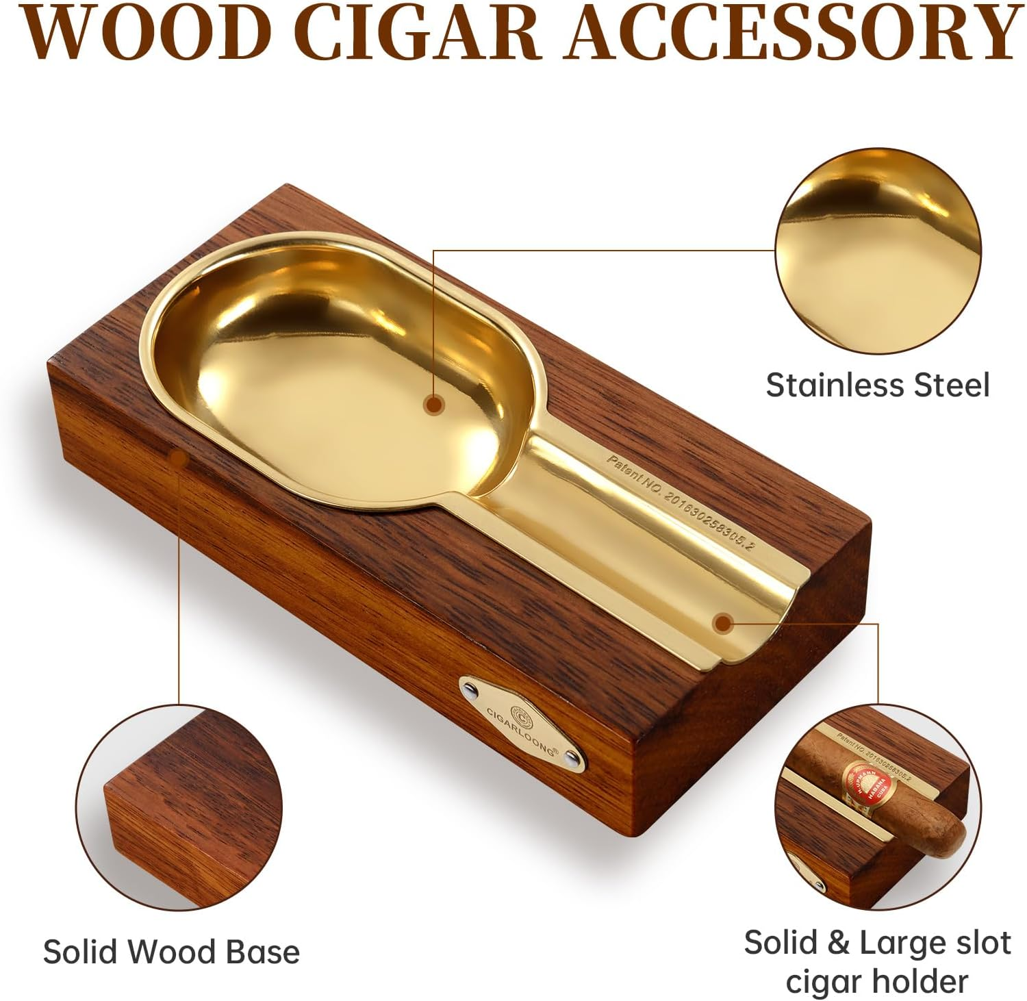 Cigar Ashtray, Wooden & Stainless Steel Slot for Single Cigars, Large Cigar Holder for Household or Outdoors Use (Brown)