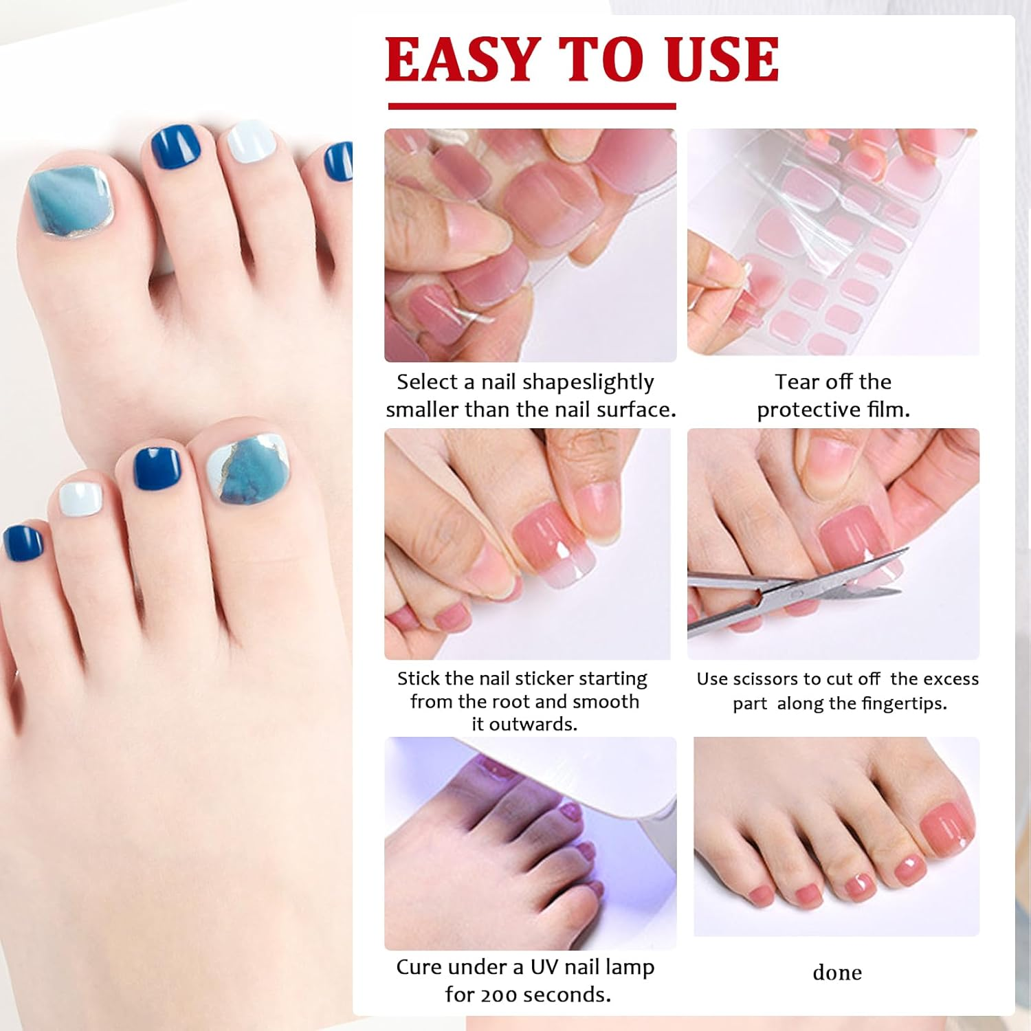 JERCLITY 1 Sheet 32Pcs Sea Wave Semi Cured Gel Toenail Strips, Toenail Wraps, Gel Pedicure Strips, Needed LED Lamp to Cured,1 Nail File,1 Wooden Cuticle Stick, 1 Plastic Press Stick image number 6