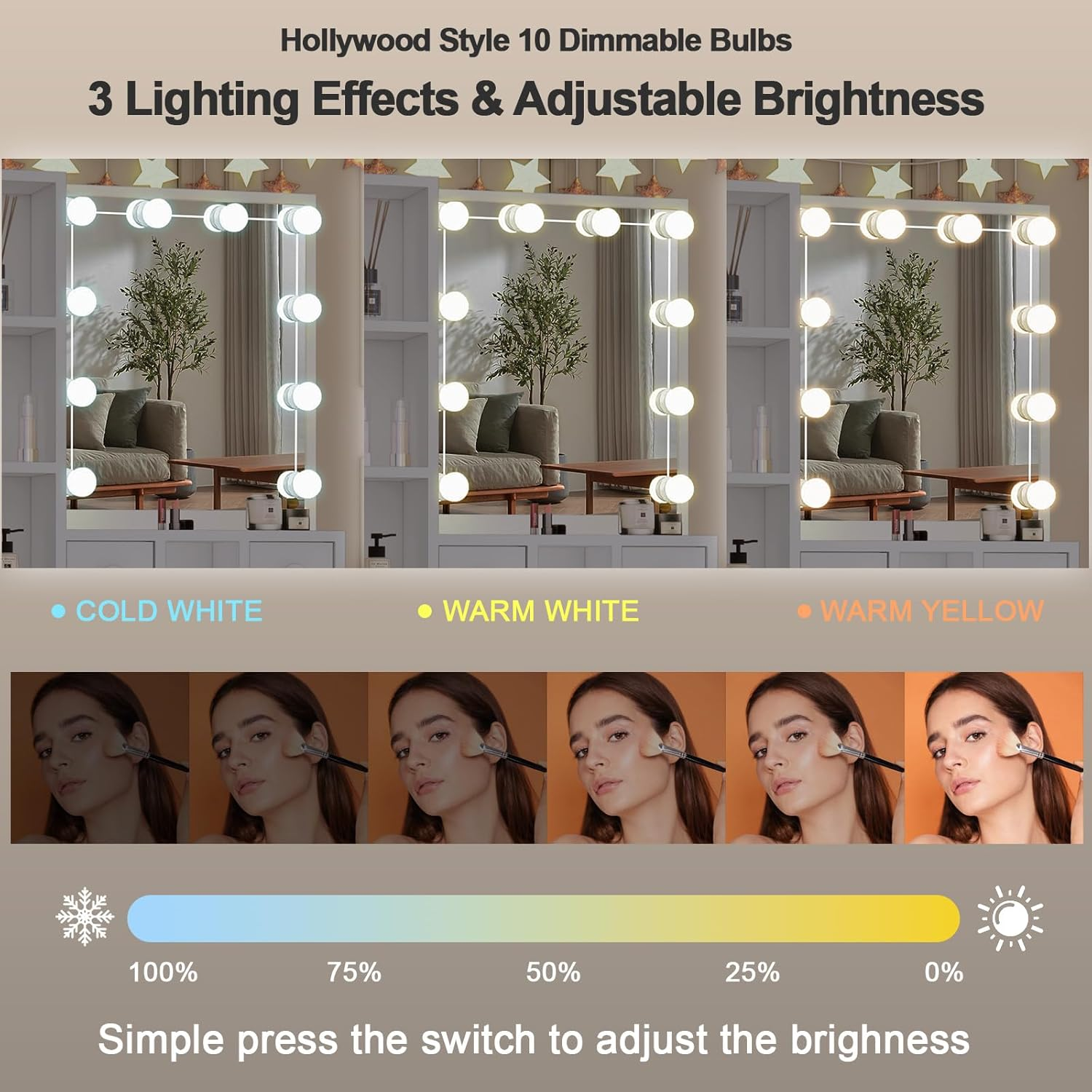 Small Vanity Desk with Mirror and Lights, 60Cm Dressing Table with 10 Dimmable Light Bulbs 3 Color Changing, Girls Makeup Desk Vanity Table White, Compact Vanity for Teens Teenager Bedroom image number 2