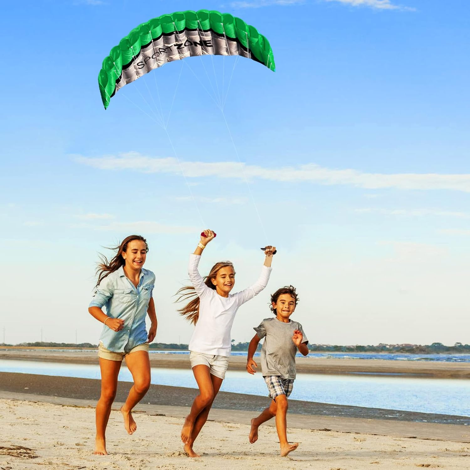 Touch the Sky 100 Inch Double Cord Stunt Parachute Kite with Wrist Bands. Unique Structure Design, Excellent Outdoor Toy, Suitable for Advanced & Enthusiasts. (Green) image number 2