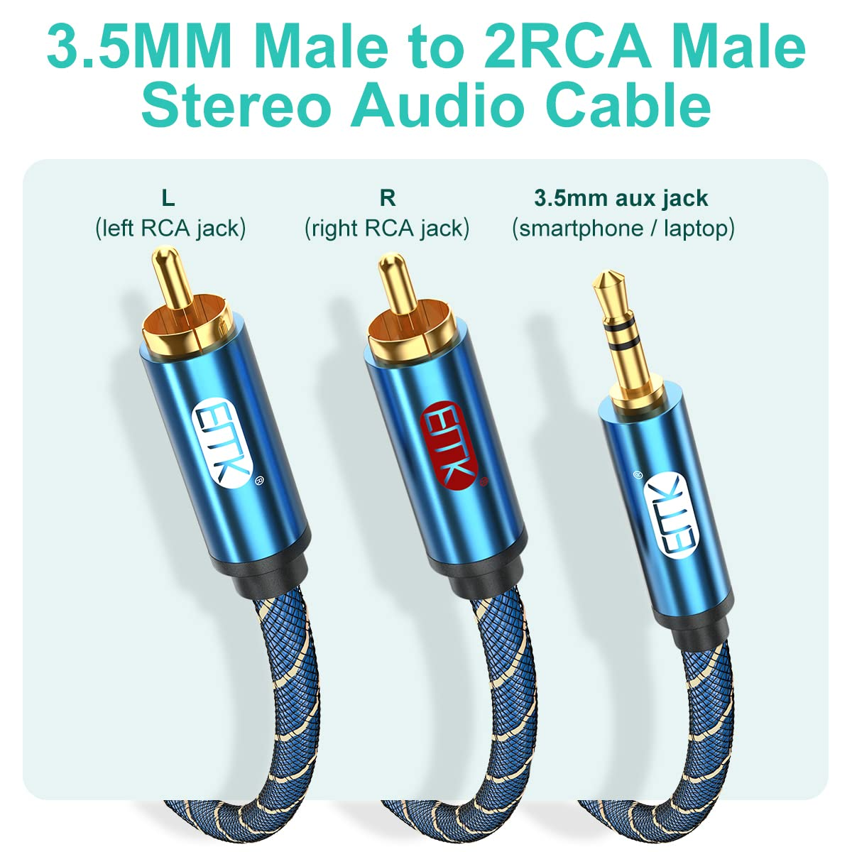 EMK 2RCA Cable Jack 3.5Mm to 2 RCA Audio Aux Cable Nylon Braided Male to 2Rca Cables AUX Cord for Smartphone, Amplifier, Speaker, Subwoofer, TV, Car Stereo (2Meters) image number 2