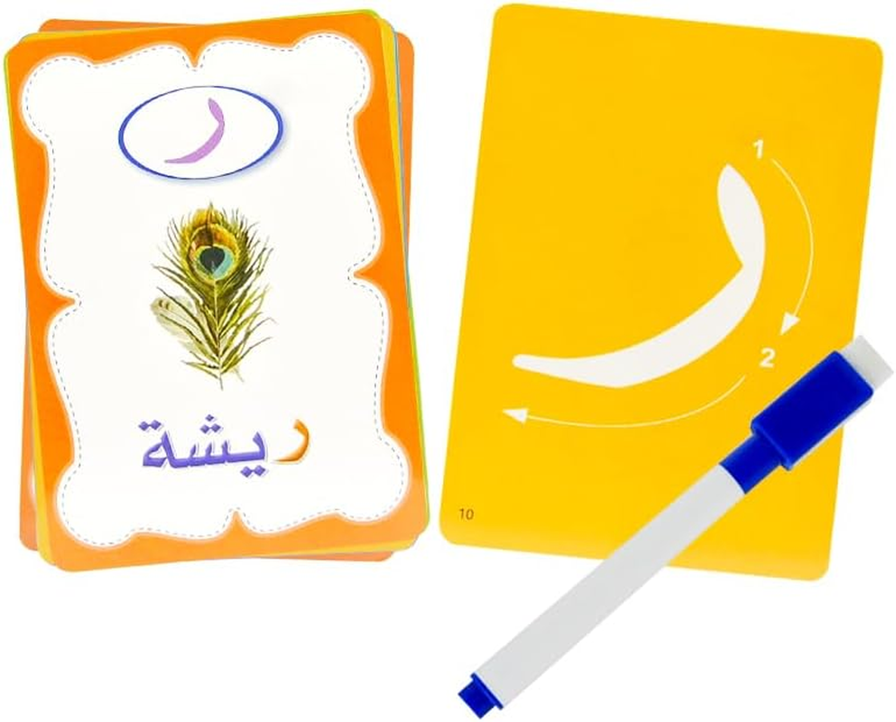 Erasable Arabic Alphabet Flashcards, Write and Wipe Laminated Alf Baa Taa Letter Tracing Practice Cards for Kindergarten (28 Flashcards with Marker). (Arabic Flashcards)