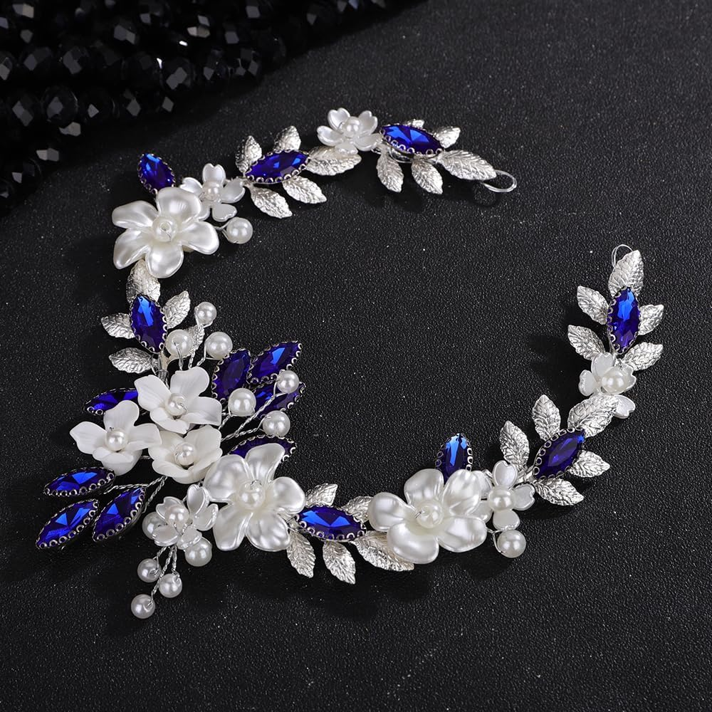 Teyglen Silver Leaf Flower Hair Vine Floral Flower Headpiece Blue Crystal Bride Wedding Headband Bridal Hair Accessories for Women Silver Rhinestone Pearl Hair Piece (Blue) - Peacock Blue image number 4