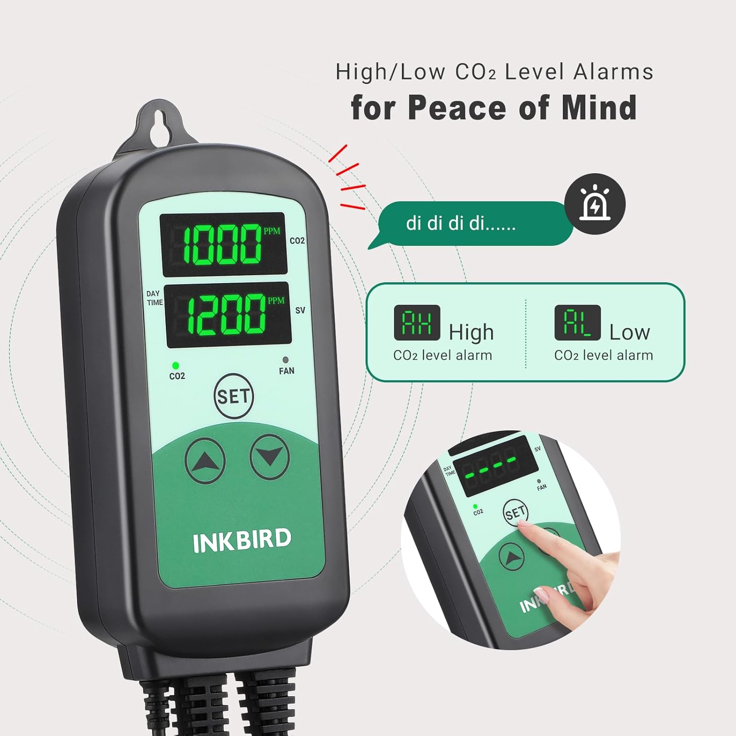 INKBIRD CO2 Controller ICC-510, Smart Carbon Dioxide Controller with 2 Outlets for CO2 Generator and Ventilation Fan, High and Low CO2 Alarms, Day and Night Control image number 4