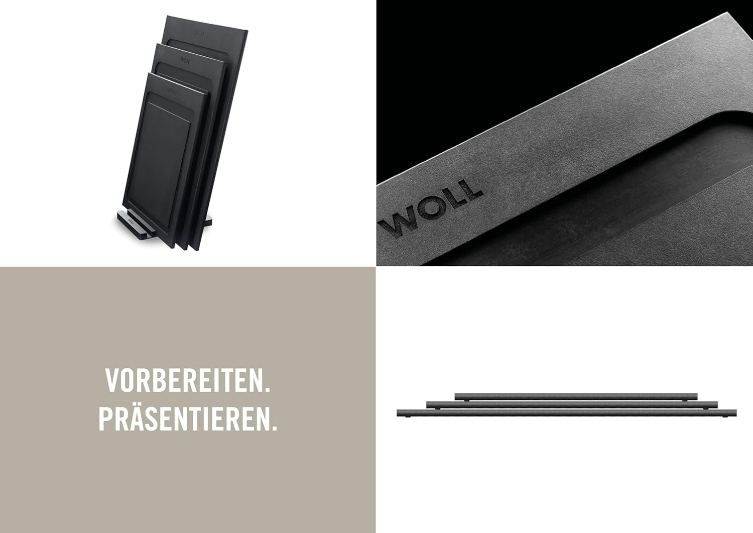 Woll Cut & Serve 4-Piece Chopping Board Set with Holder, Made from FSC Certified Paper Composite, BPA and VOC Free, Heat Resistant up to 175&deg;C, Dishwasher Safe, Matte Black image number 1