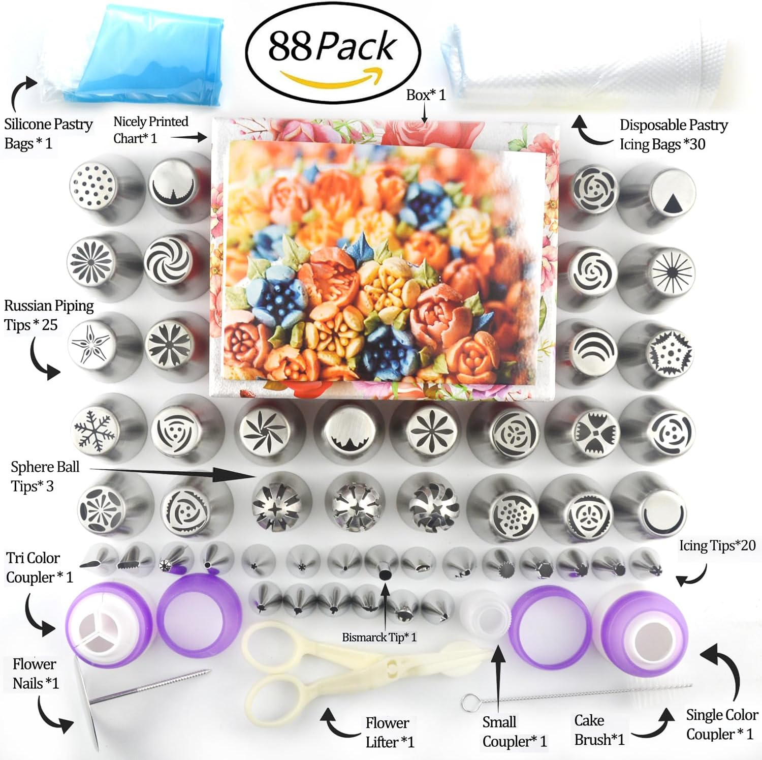 (88PCS Russian Tips) - Russian Piping Tips - Cake Decorating Supplies - 88 Baking Supplies Set - 49 Icing Piping Tips - 3 Russian Ball Piping Tips, Flower Frosting Tips, Bakes Flower Nozzles-Large Cupcake Decorating Kit image number 4